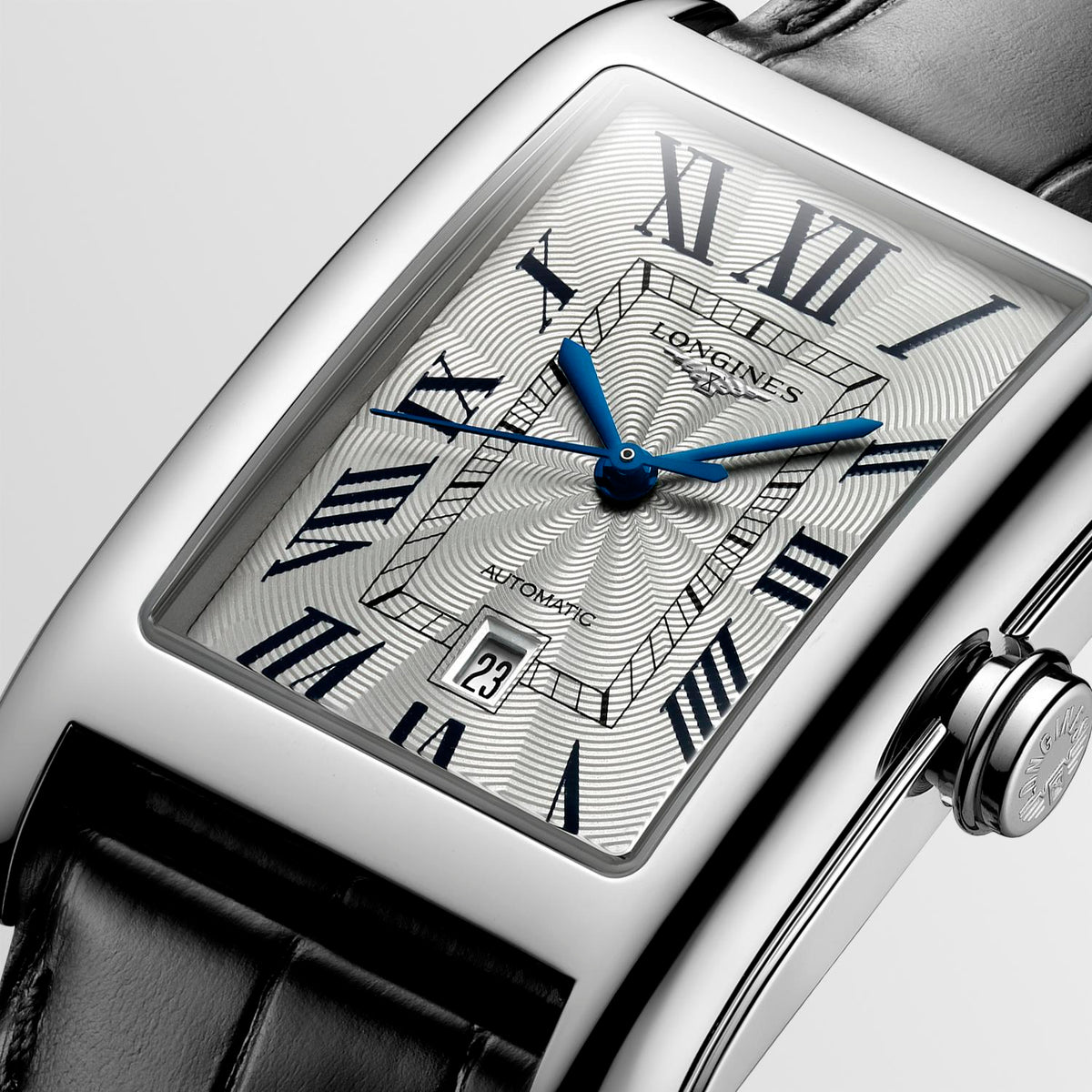 Gents Longines 27.7mm x 43.8mm Automatic Dolcevita Steel Case Black Strap Ivory Roman Numeral Dial with Date L5.757.4.71.0