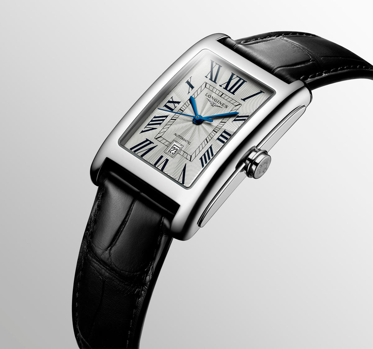Gents Longines 27.7mm x 43.8mm Automatic Dolcevita Steel Case Black Strap Ivory Roman Numeral Dial with Date L5.757.4.71.0