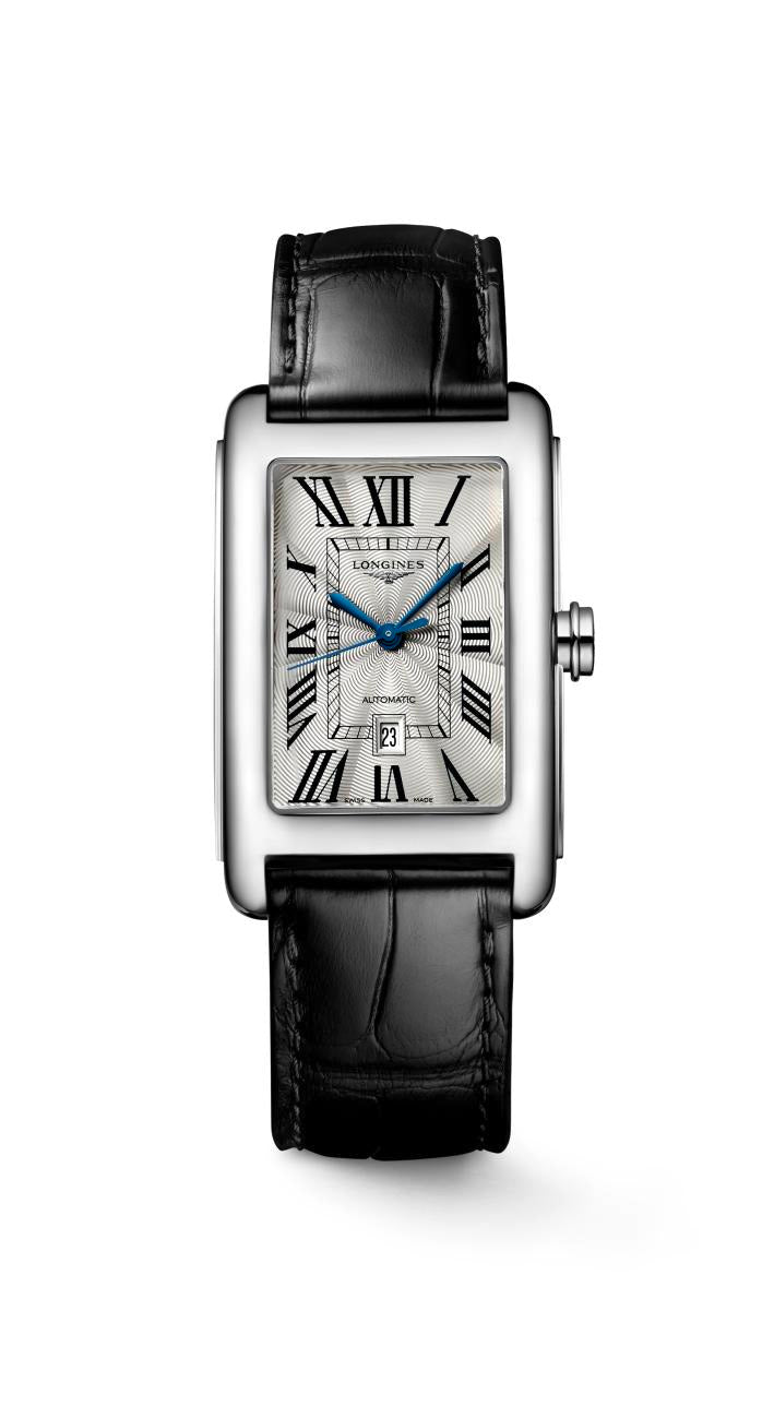 Gents Longines 27.7mm x 43.8mm Automatic Dolcevita Steel Case Black Strap Ivory Roman Numeral Dial with Date L5.757.4.71.0