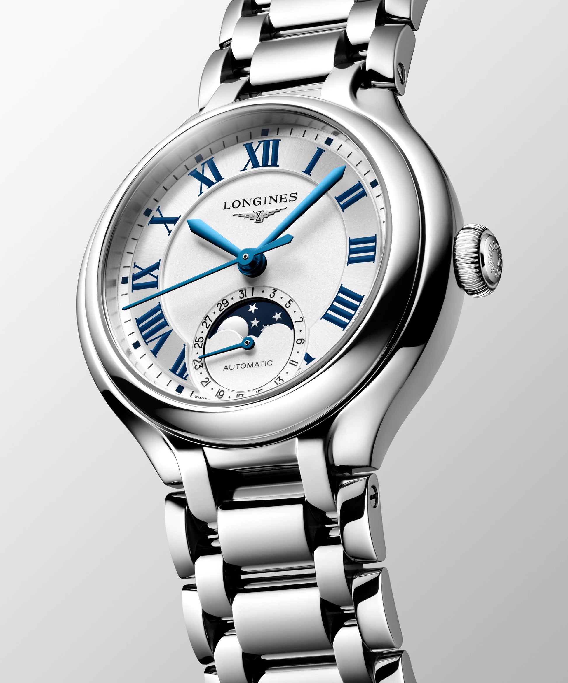Ladies Longines Prima Luna 34mm Quartz Moonphase Steel Bracelet