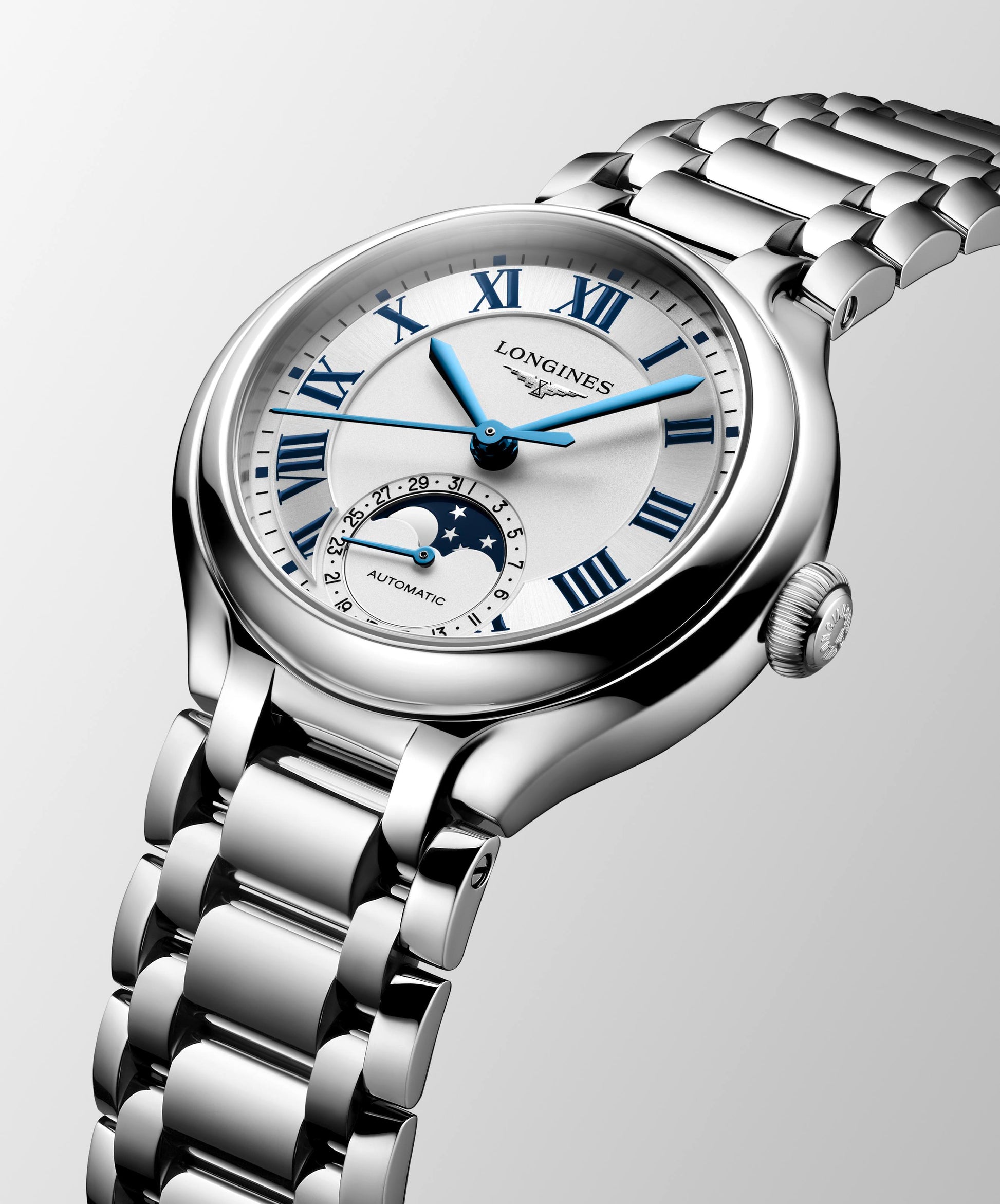 Ladies Longines Prima Luna 34mm Quartz Moonphase Steel Bracelet