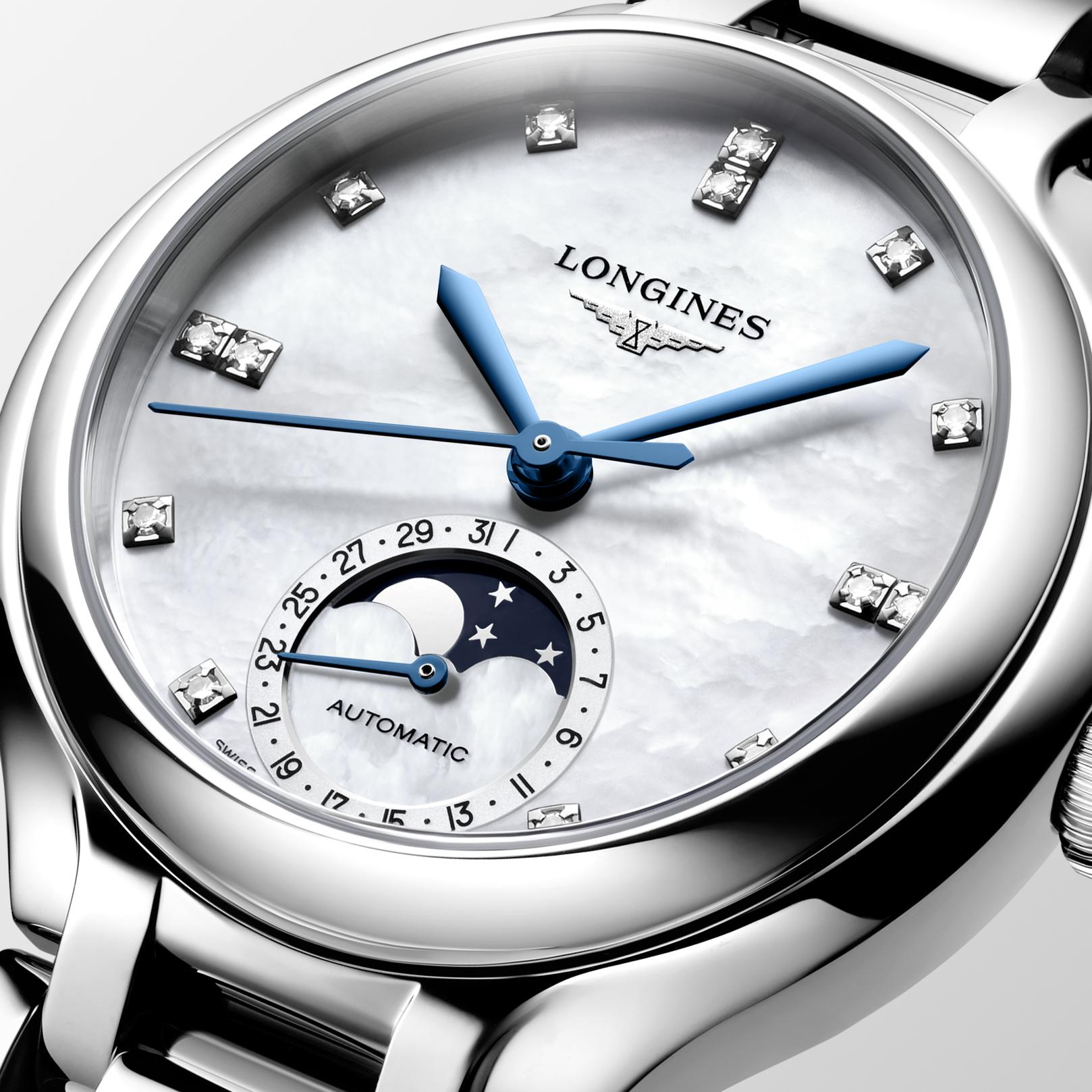 Ladies Longines Prima Luna 34mm Moonphase Steel MOP Dia Dial