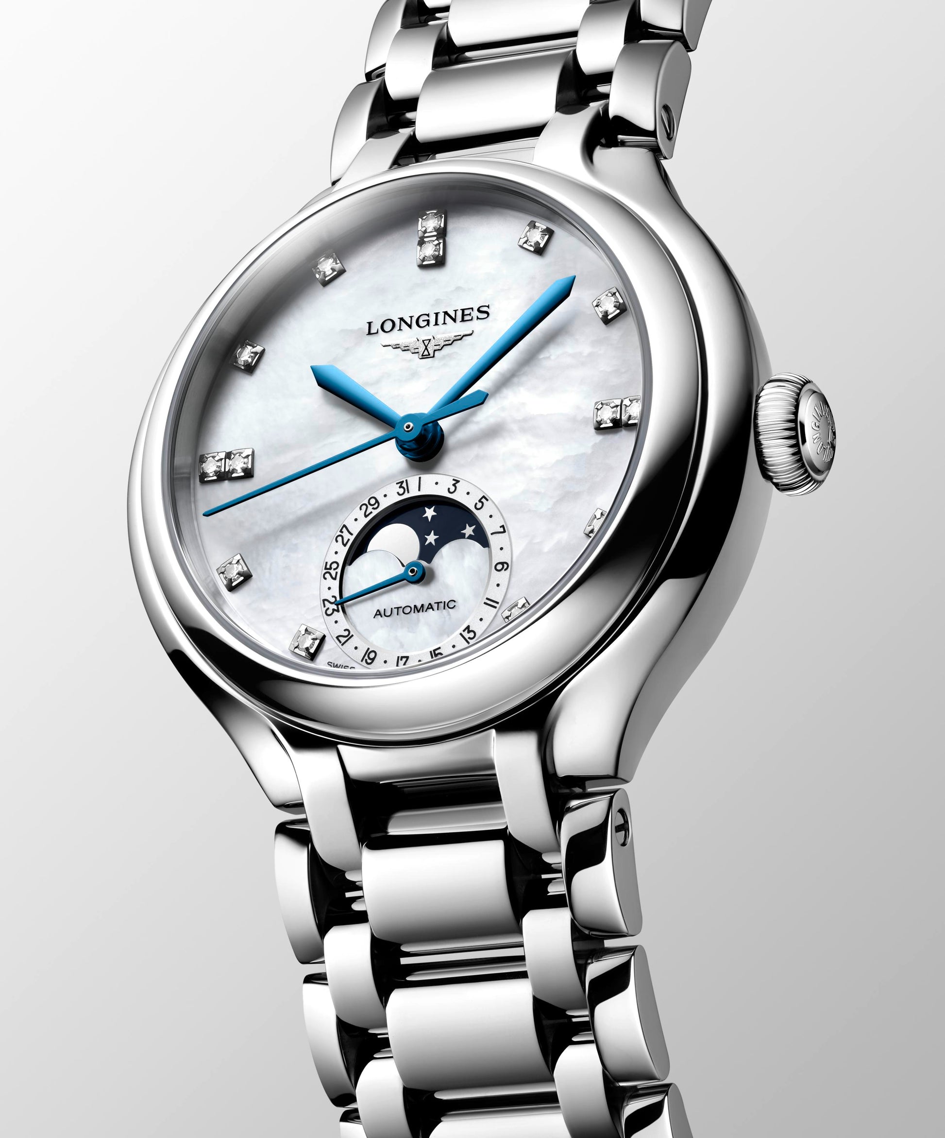 Ladies Longines Prima Luna 34mm Moonphase Steel MOP Dia Dial