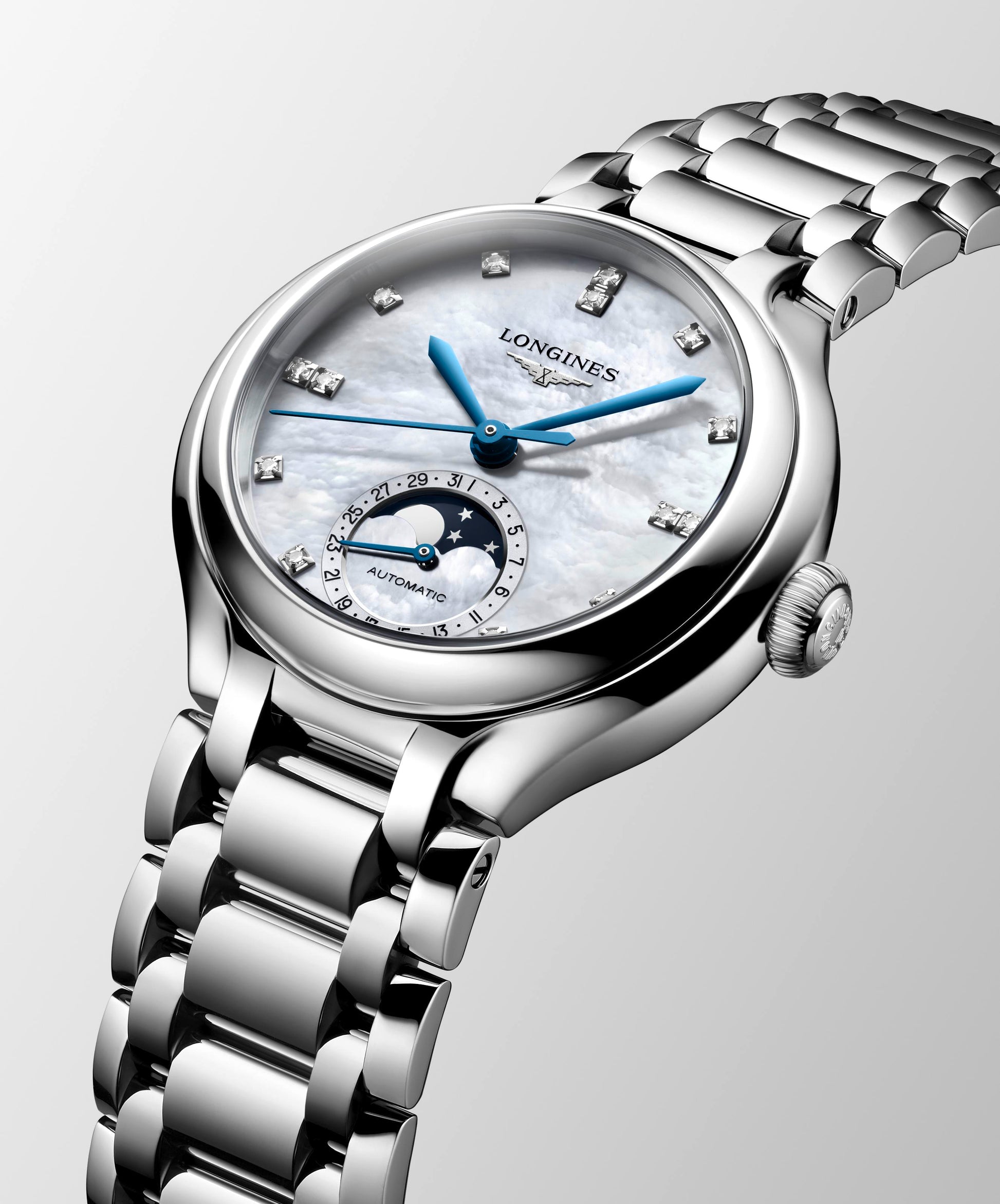 Ladies Longines Prima Luna 34mm Moonphase Steel MOP Dia Dial