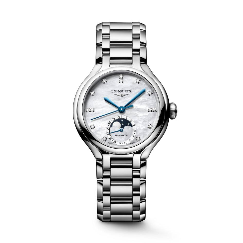 Ladies Longines Prima Luna 34mm Moonphase Steel MOP Dia Dial