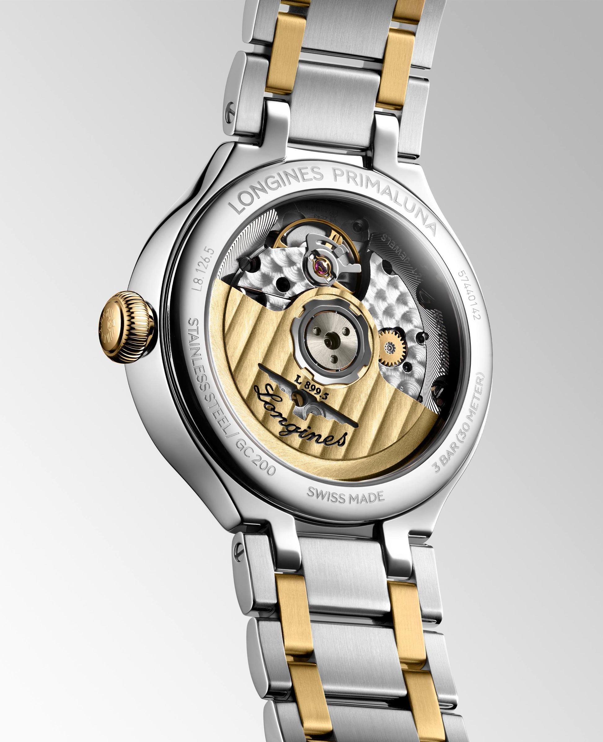 Ladies Longines Prima luna Moonphase Auto 34mm Steel & 18ct Yellow Gold Cap 200 Silver Dial