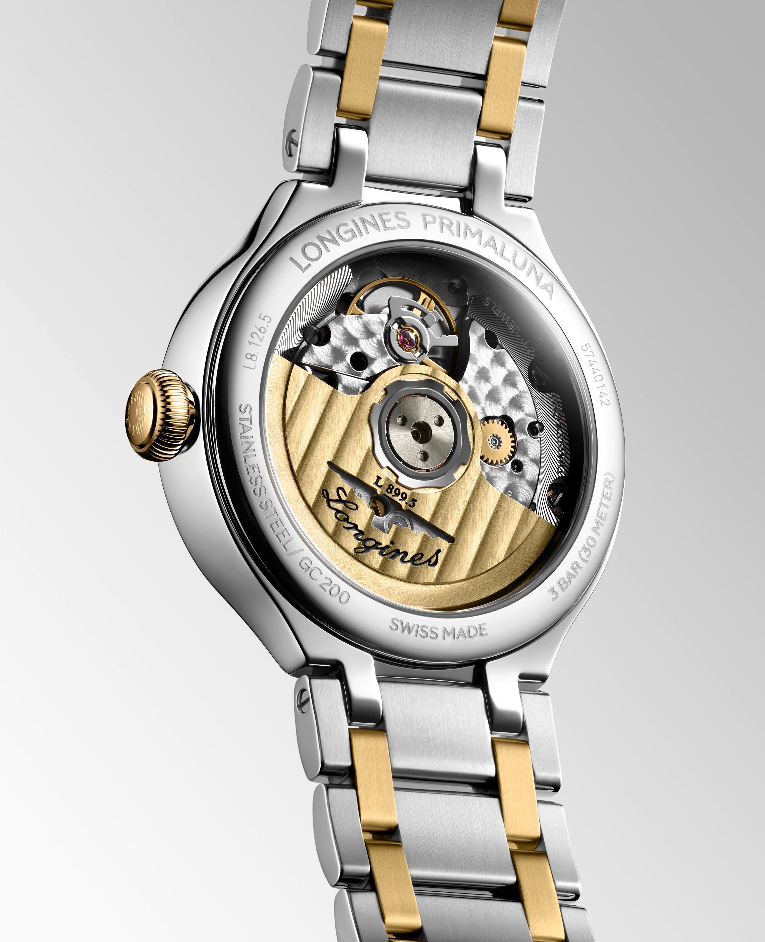 Ladies Longines Prima luna Moonphase Auto 34mm Steel & 18ct Yellow Gold Cap 200 Silver Dial