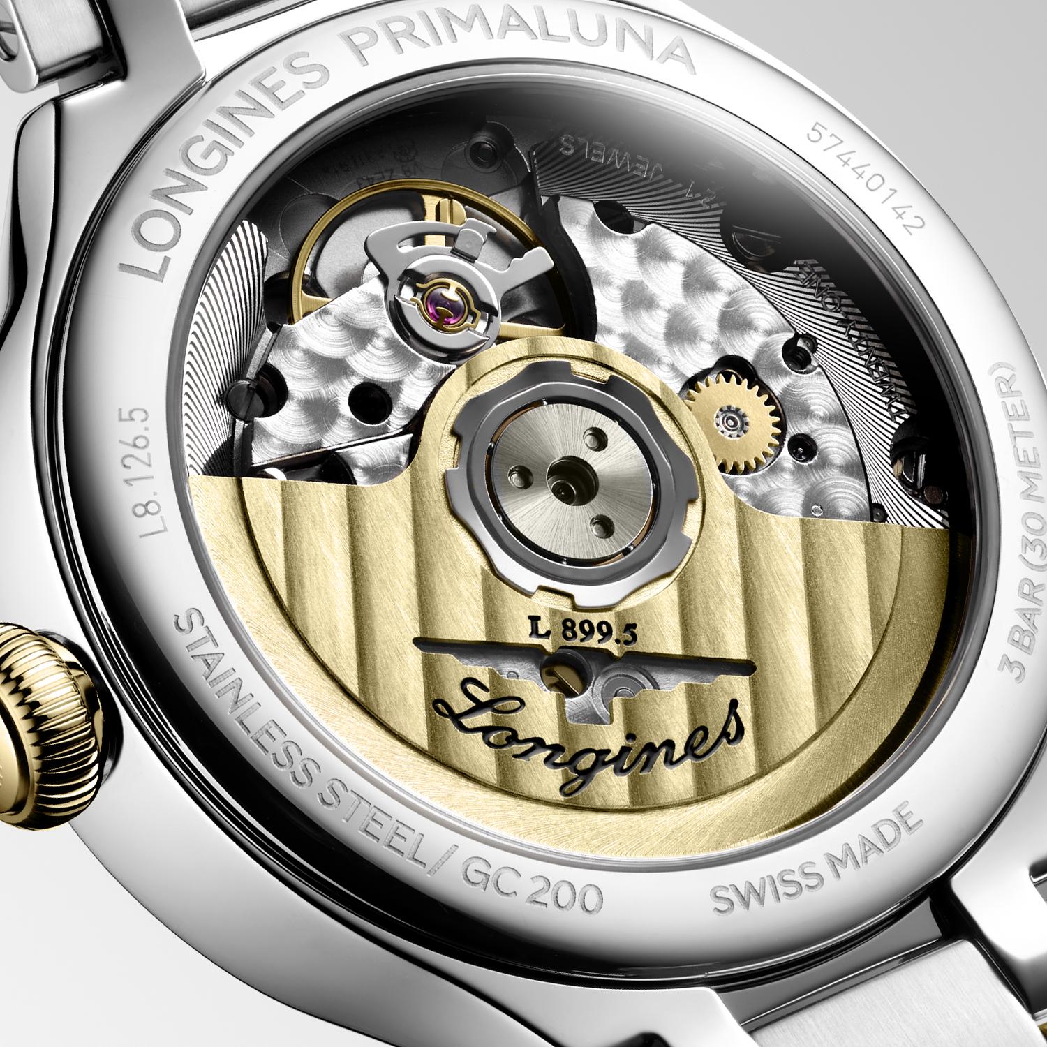 Ladies Longines Prima luna Moonphase Auto 34mm Steel & 18ct Yellow Gold Cap 200 Silver Dial
