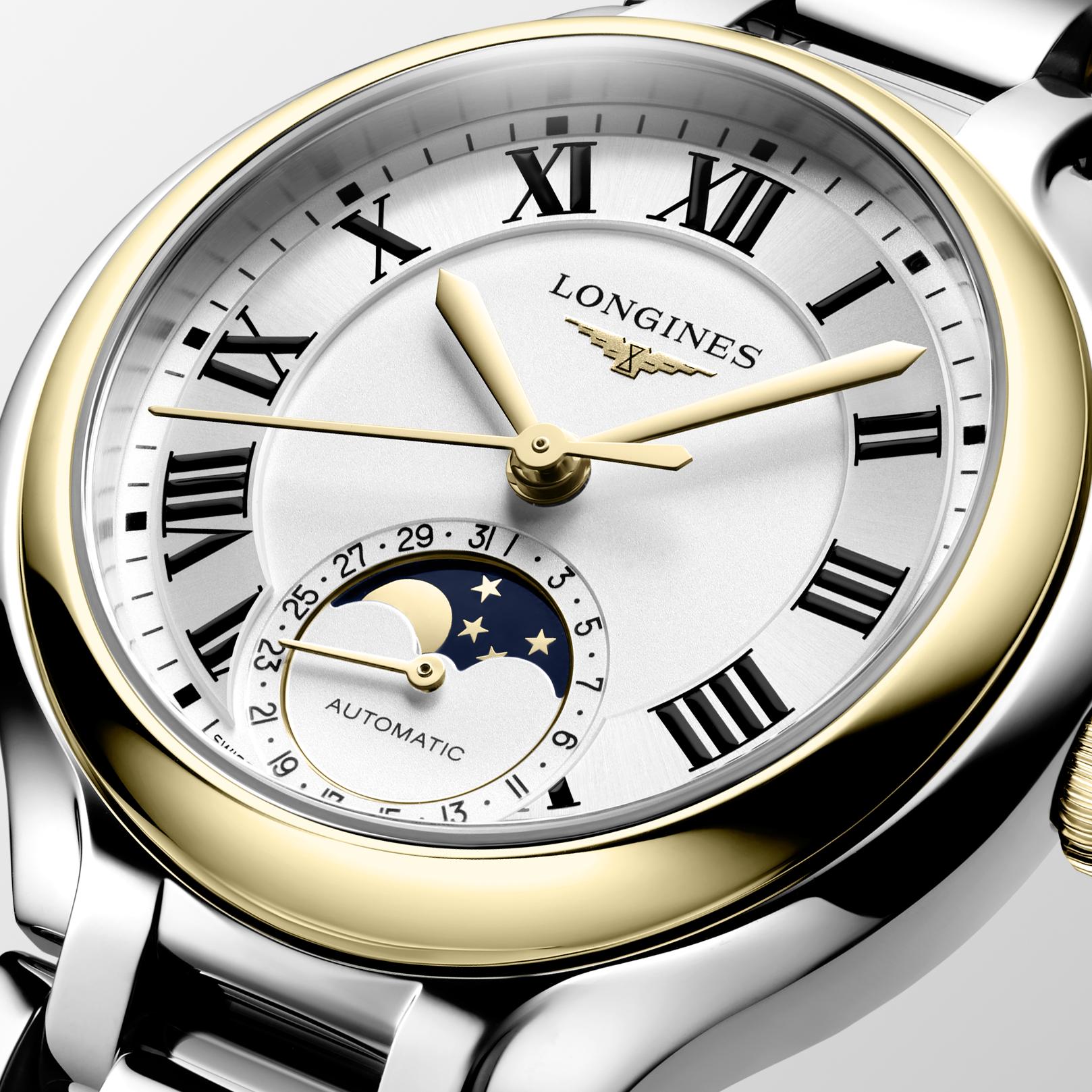 Ladies Longines Prima luna Moonphase Auto 34mm Steel & 18ct Yellow Gold Cap 200 Silver Dial