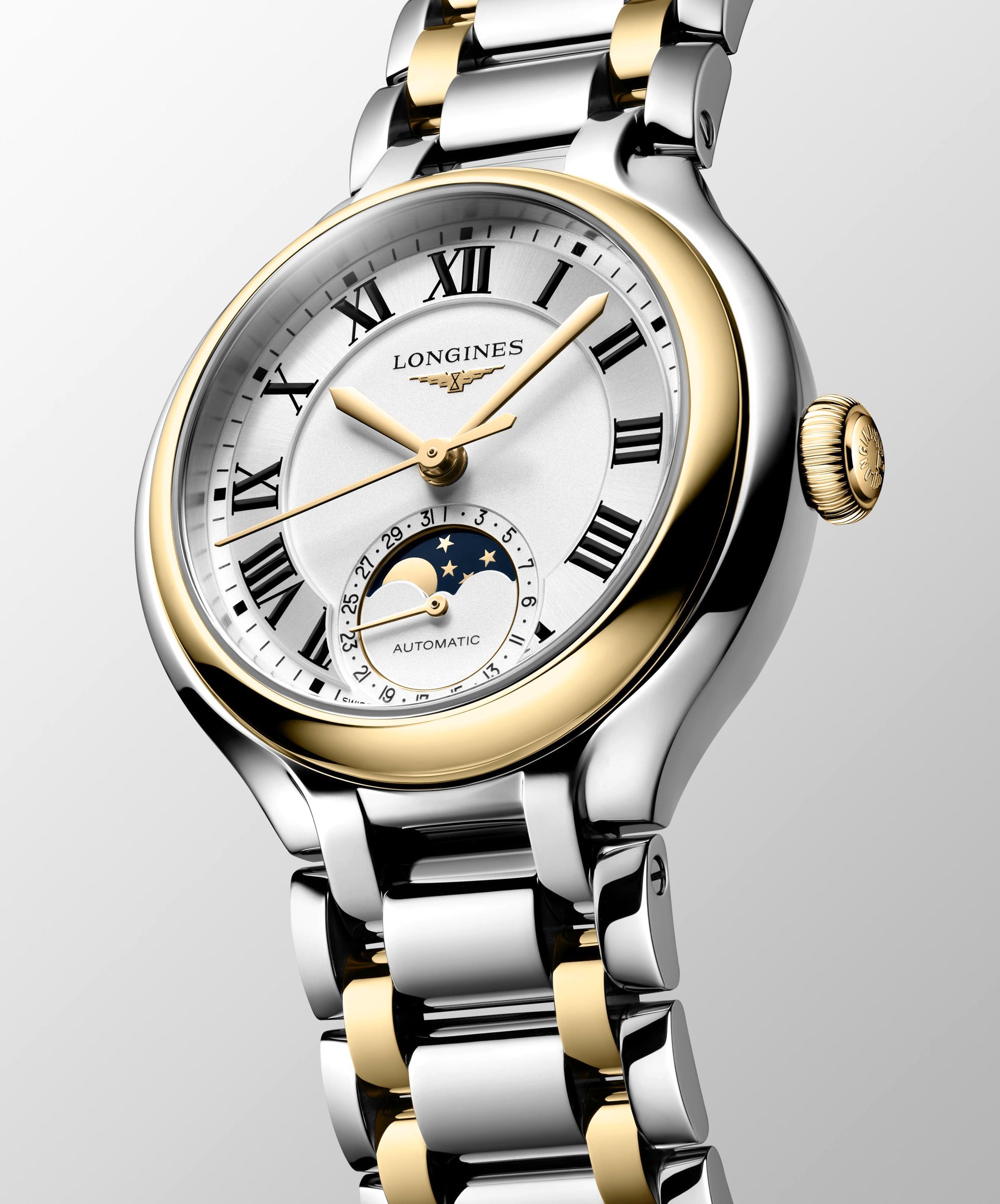 Ladies Longines Prima luna Moonphase Auto 34mm Steel & 18ct Yellow Gold Cap 200 Silver Dial