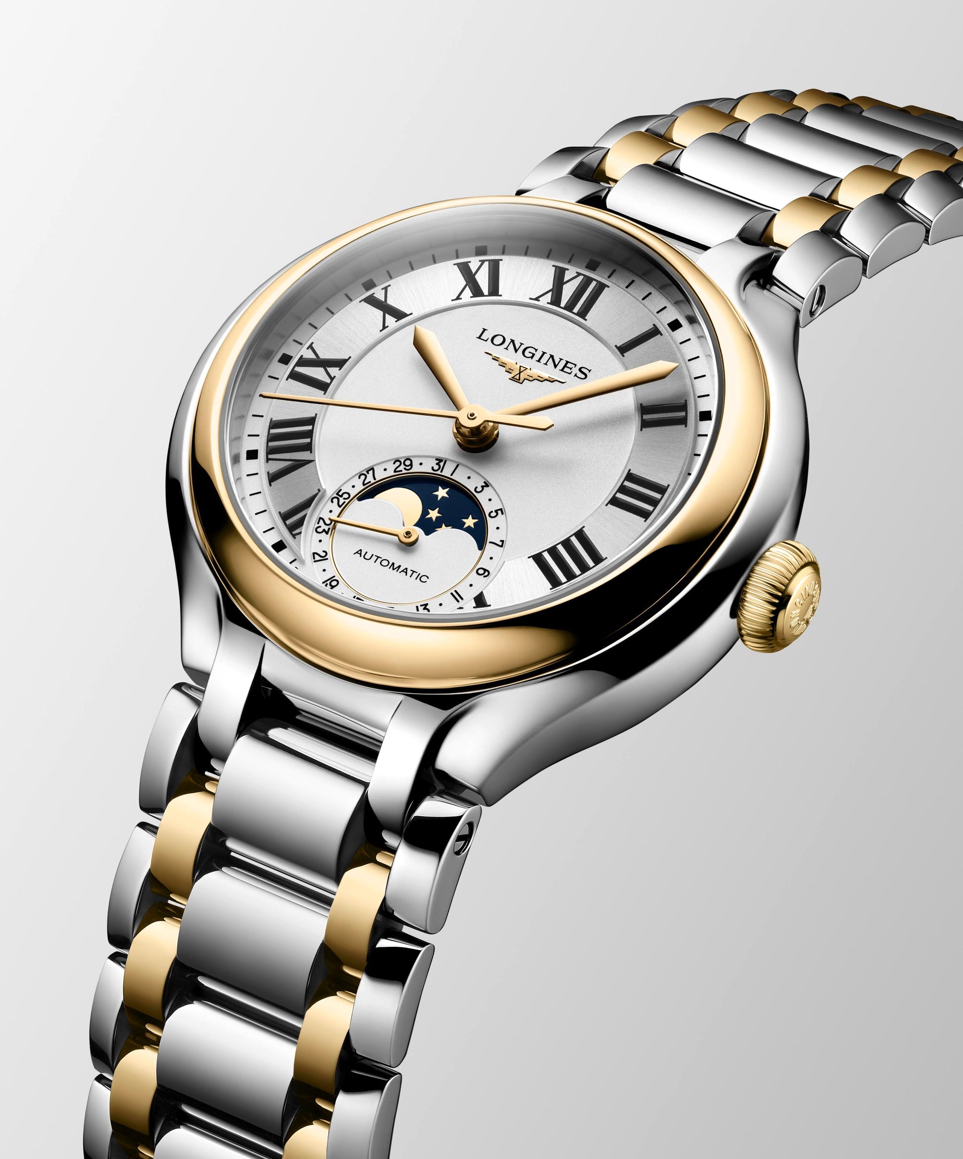 Ladies Longines Prima luna Moonphase Auto 34mm Steel & 18ct Yellow Gold Cap 200 Silver Dial