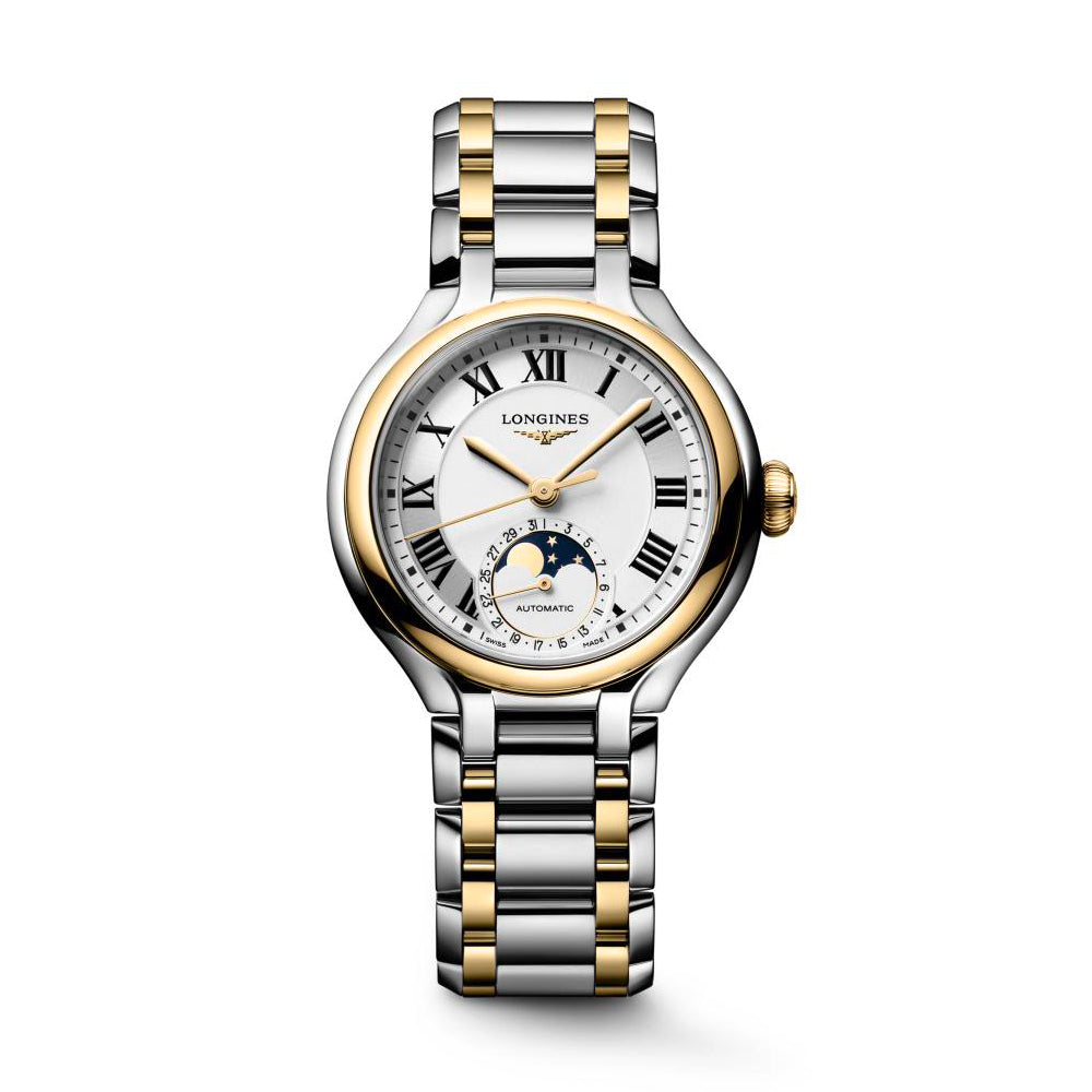 Ladies Longines Prima luna Moonphase Auto 34mm Steel & 18ct Yellow Gold Cap 200 Silver Dial