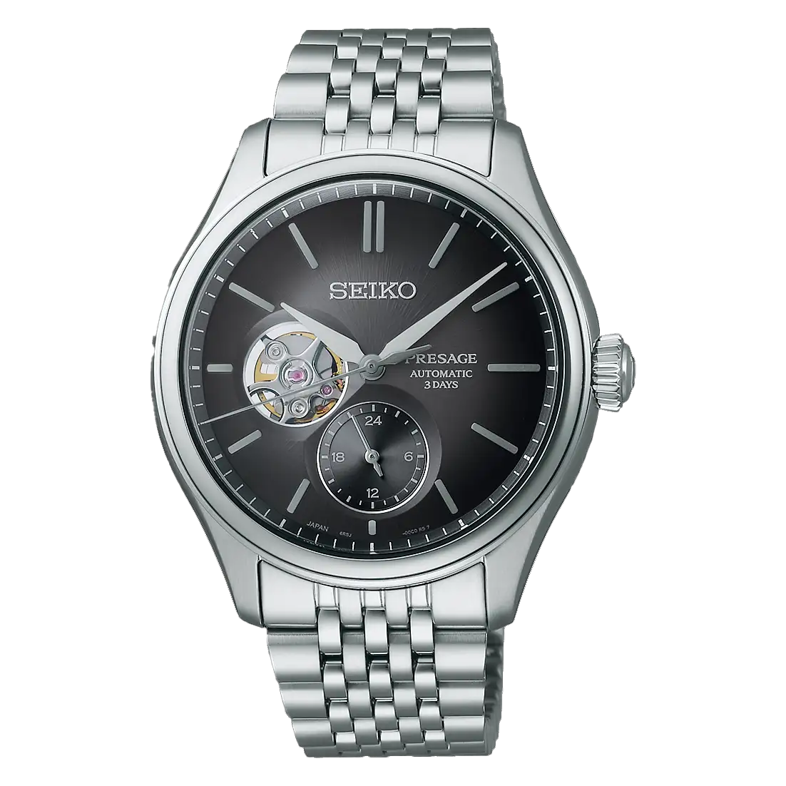 Gents Seiko Presage Auto 3 Days Open Heart Sumi-Iro Steel Black Dial