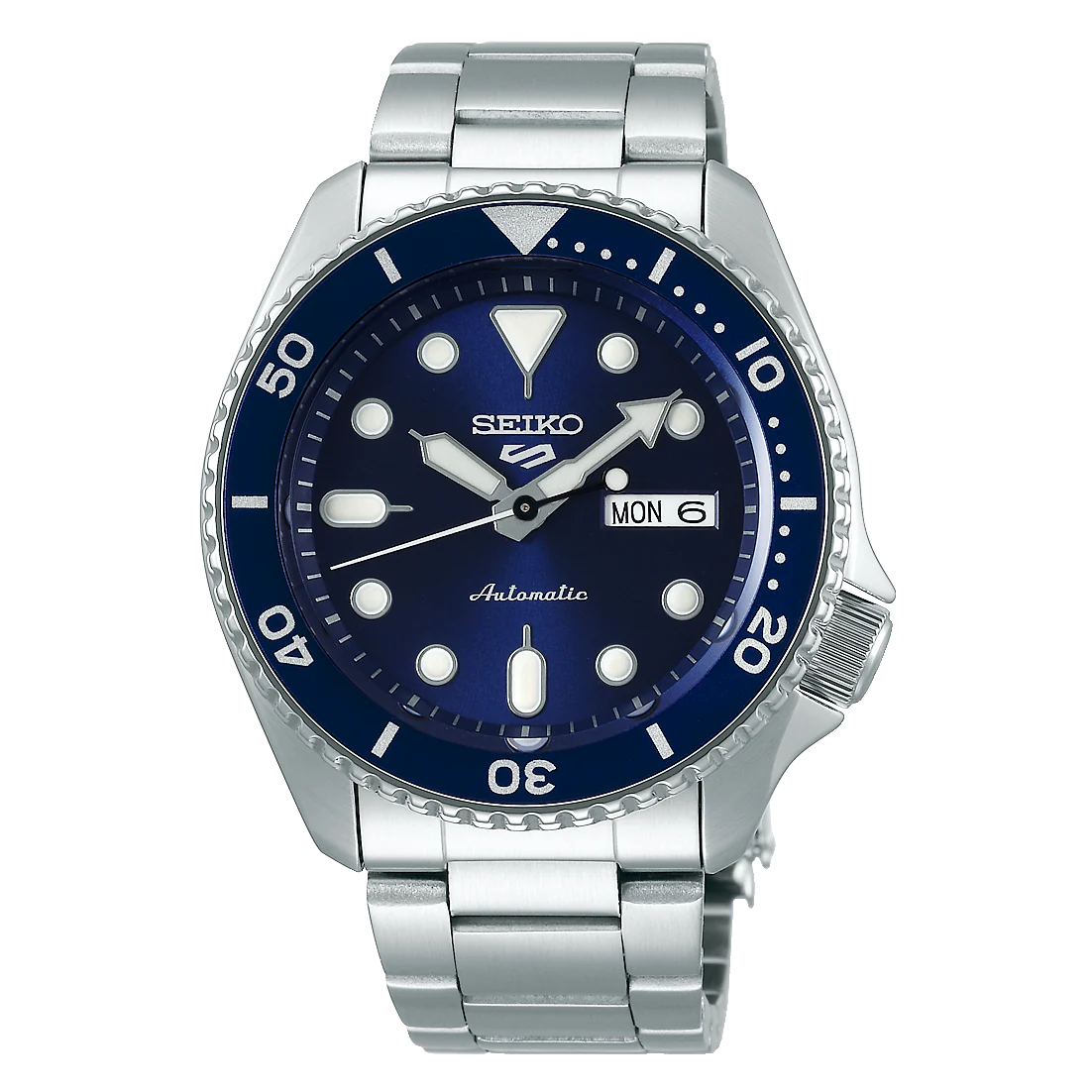 Gents Seiko 5 Automatic 42.5mm Day Date Steel Bracelet Blue Dial and Bezel