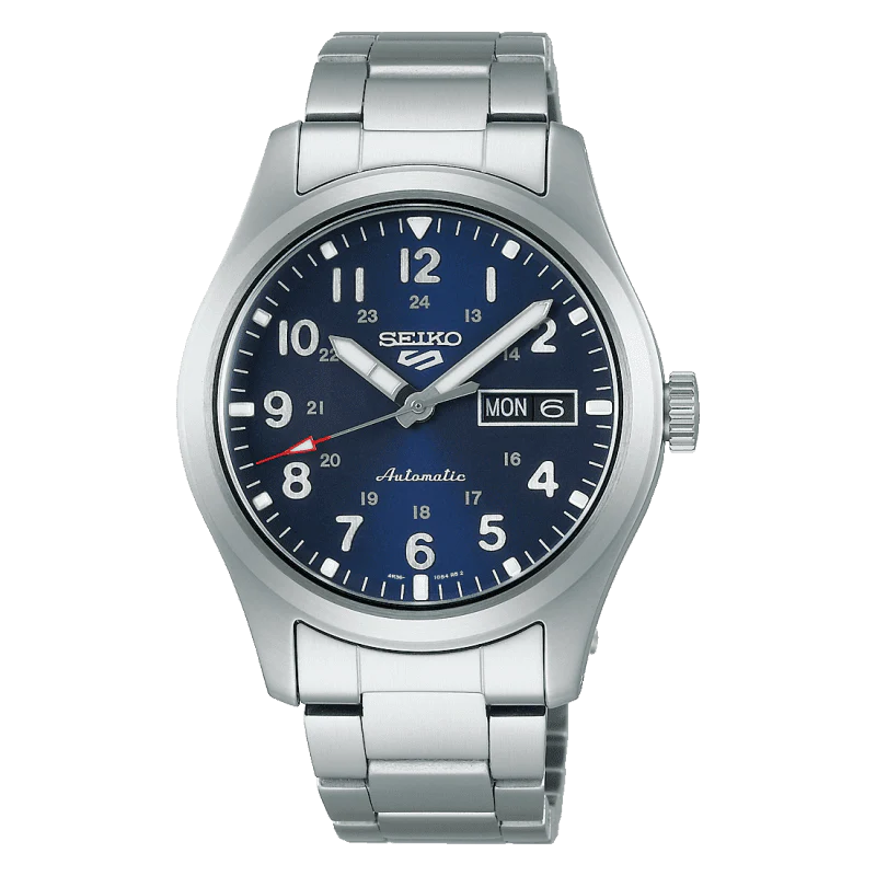 Gents Seiko 5 Sports Field Watch Automatic Day Date Black Dial 39.4mm 100m Steel Bracelet Blue Dial