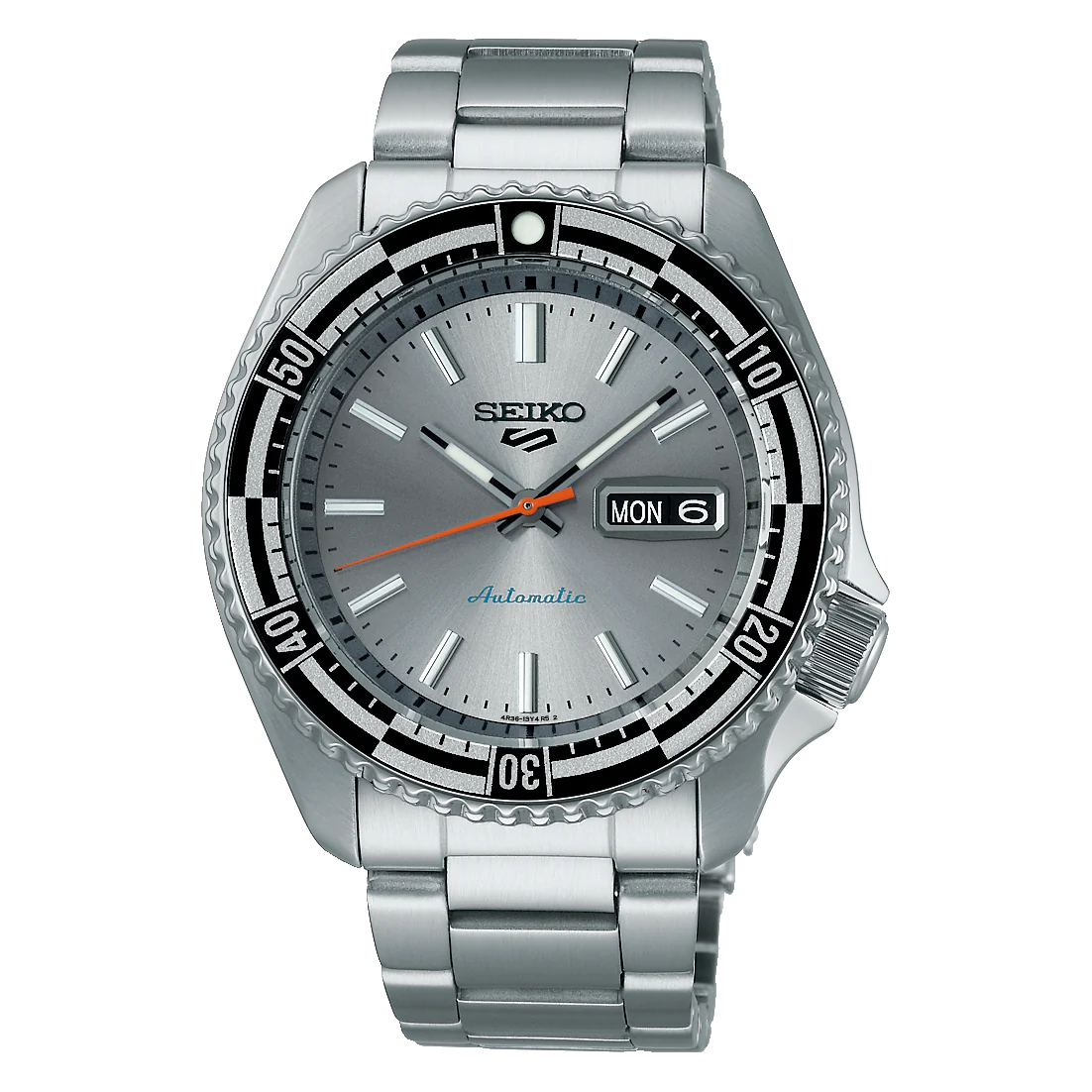 Gents Seiko 5 Sports Auto 60s Re-Interpretation Steel Bracelet Silver Dial Day Date