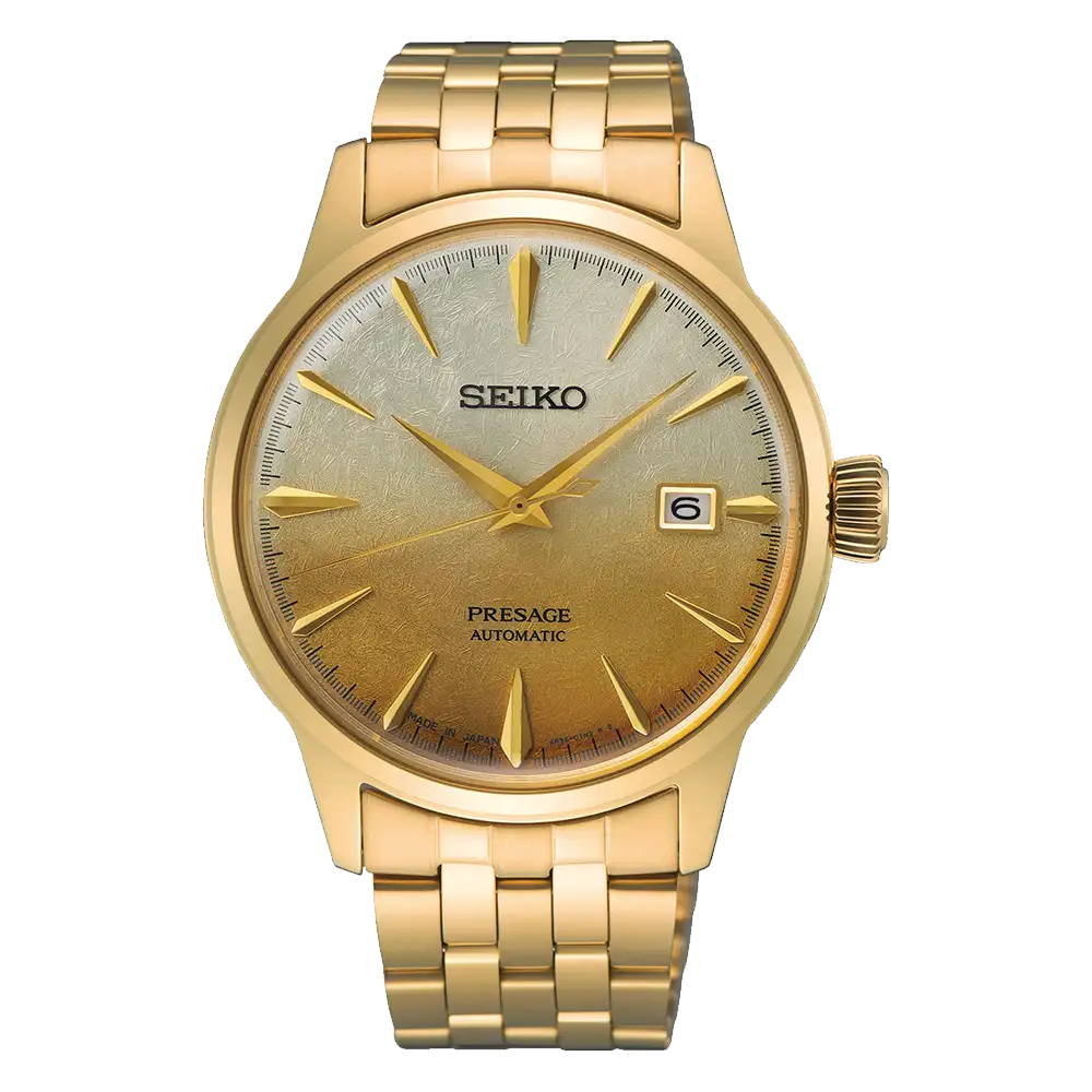 Gents Seiko Presage Cocktail Automatic Yellow Gold Plate Bracelet Gold Index Dial Date