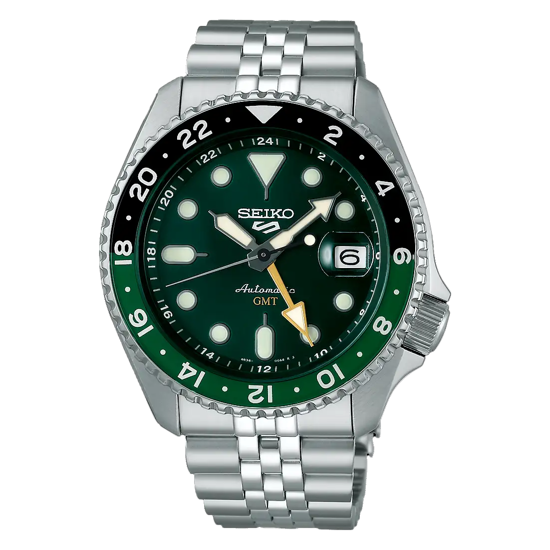 Gents Seiko 5 Sports SKX GMT Steel Bracelet Bi-Colour Green Dial