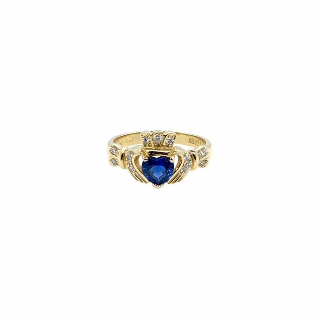 18ct Yellow Gold Sapphire and Diamond Set Claddagh Ring