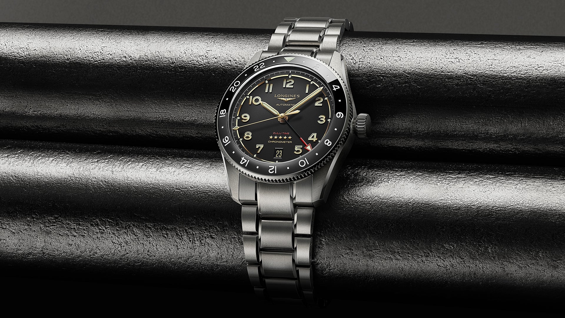 Gents Longines Spirit Zulu Time Automatic 39mm Titanium Black Dial
