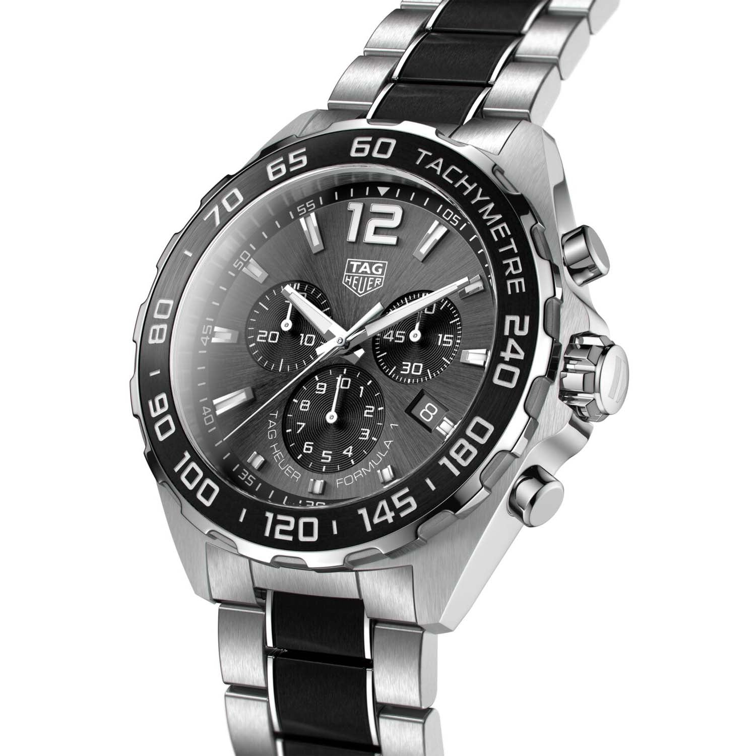 Gents Tag Heuer Formula 1 Quartz Chronograph Steel and Ceramic Bracelet Grey Dial Date 43mm