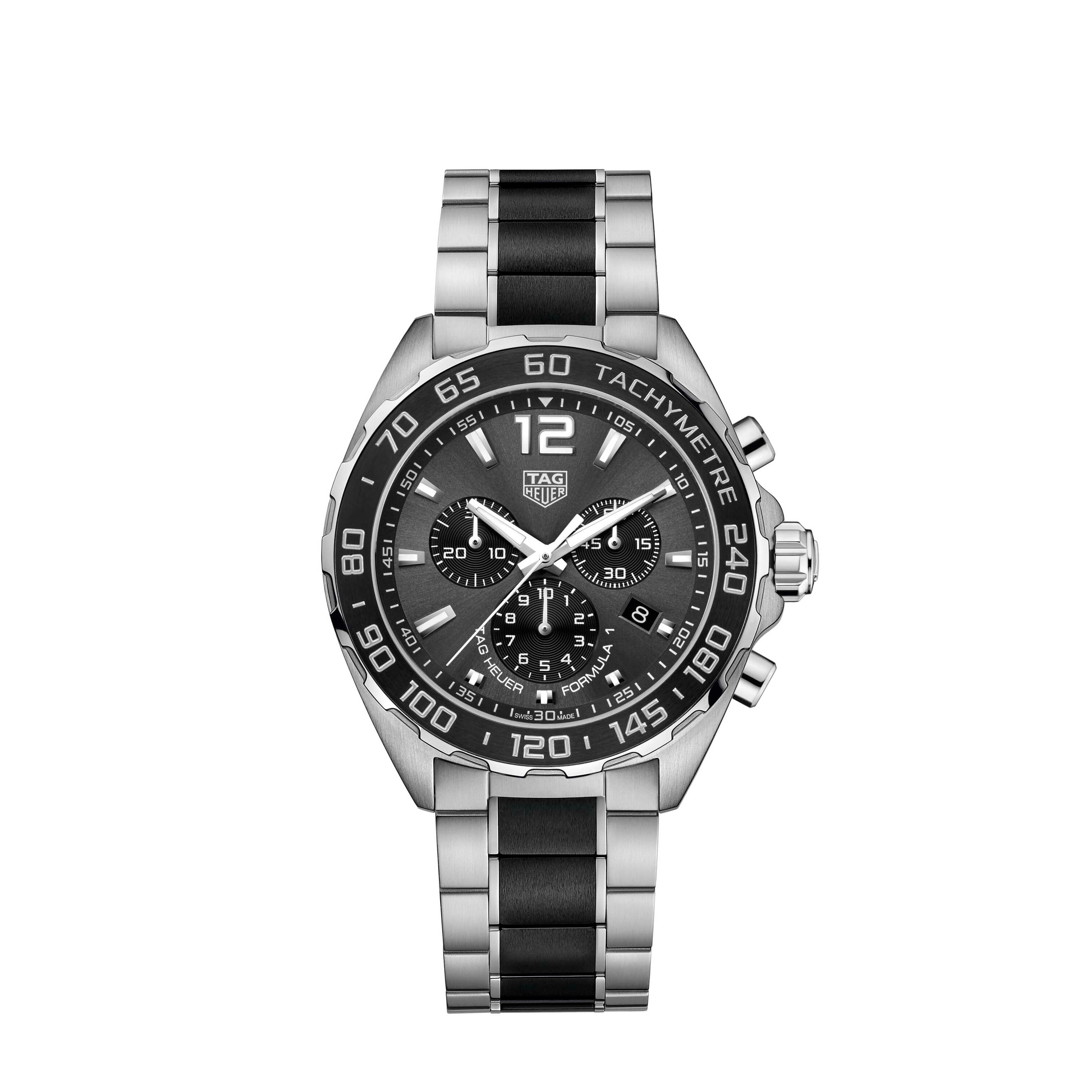 Gents Tag Heuer Formula 1 Quartz Chronograph Steel and Ceramic Bracelet Grey Dial Date 43mm