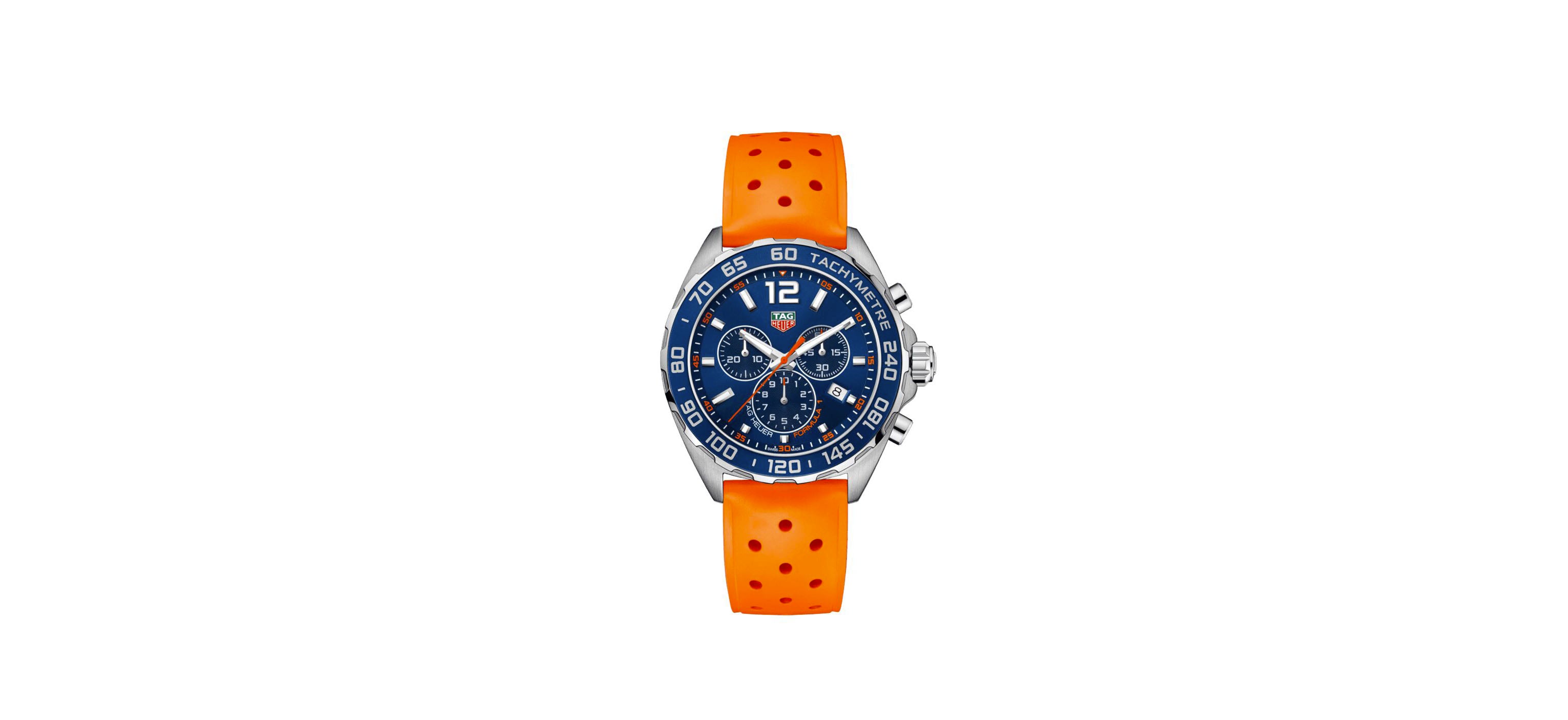 Gents Tag Heuer F1 Quartz Chronograph Blue Dial Orange Strap