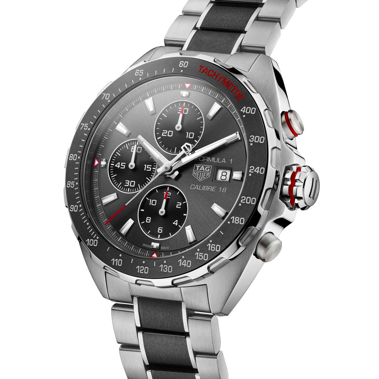 Gents Tag Heuer Formula 1 Automatic Chronograph Calibre 16 Steel and Ceramic Bracelet Grey Dial Date 44mm
