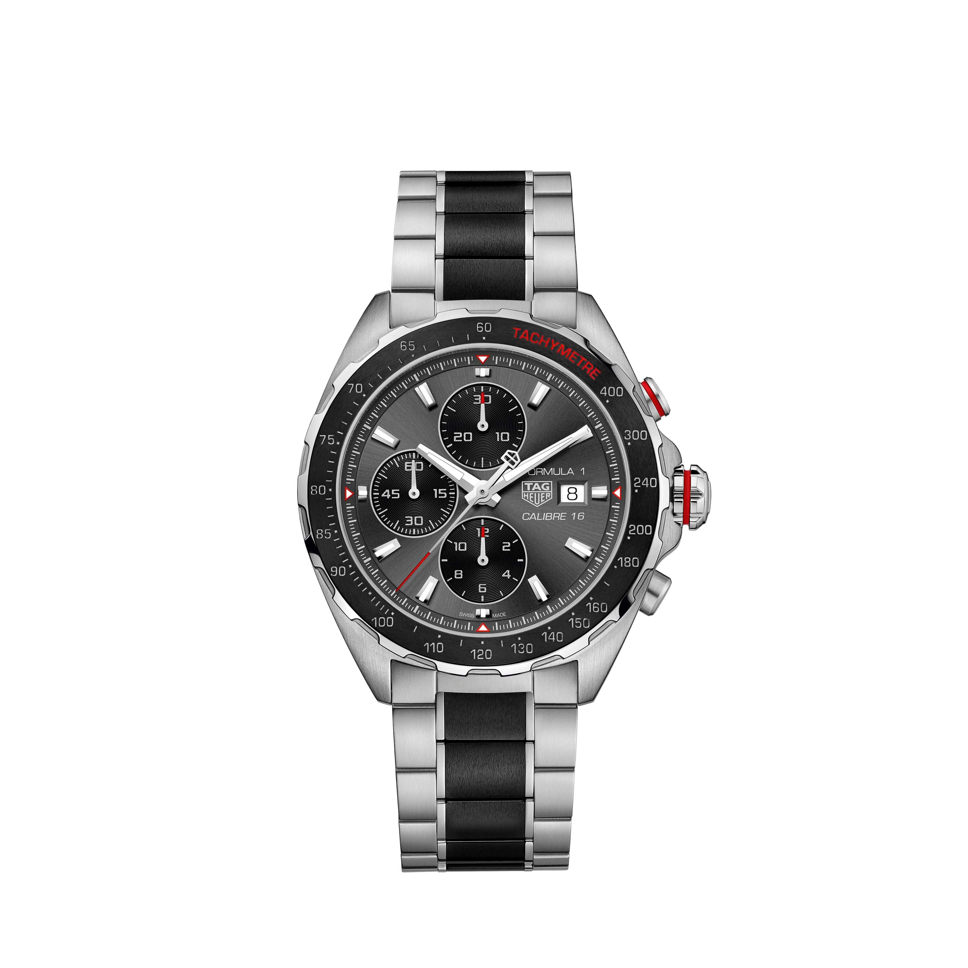 Gents Tag Heuer Formula 1 Automatic Chronograph Calibre 16 Steel and Ceramic Bracelet Grey Dial Date 44mm