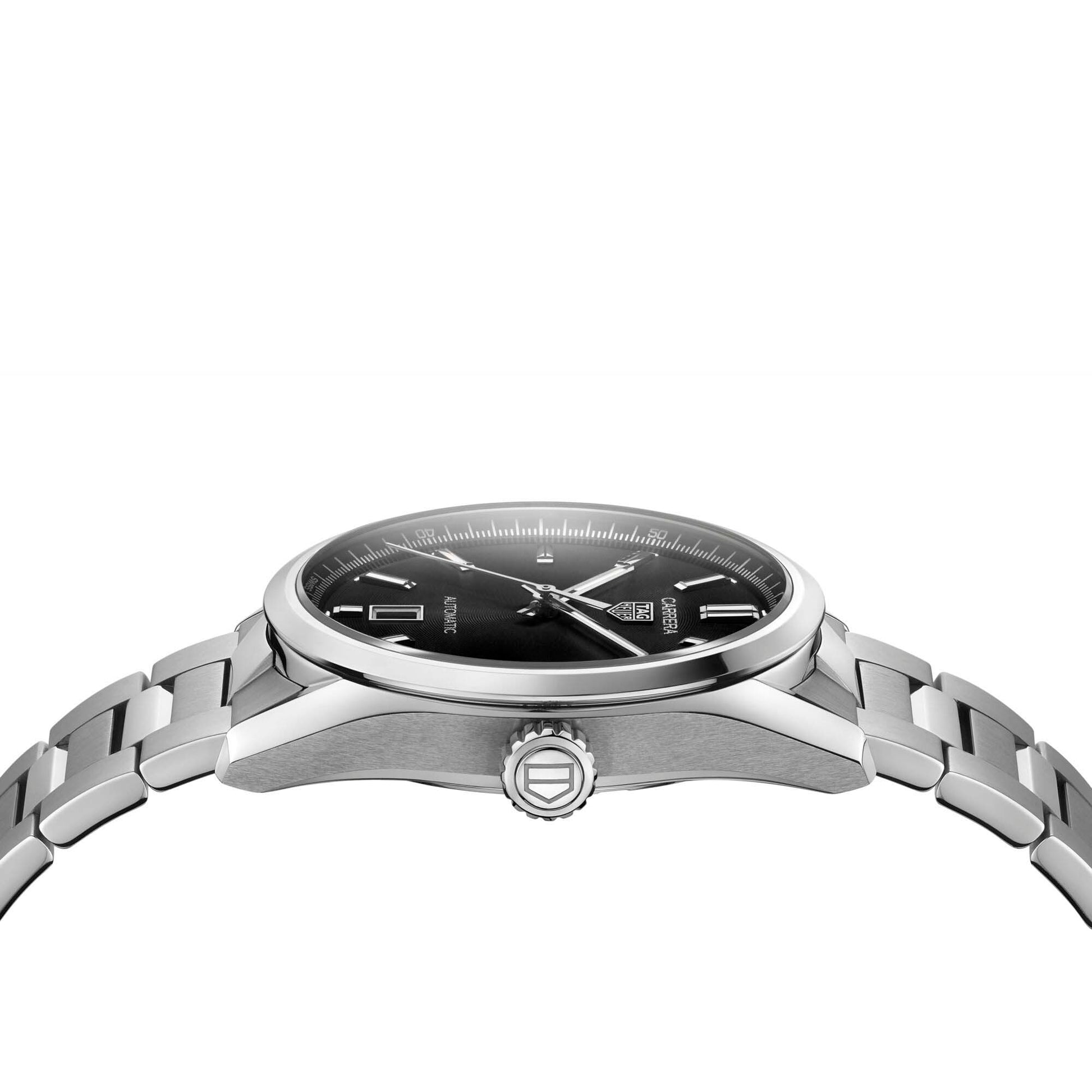 Gents Tag Heuer Carrera Automatic Calibre 5 Steel Braceelt Black Baton Dial Date 39mm