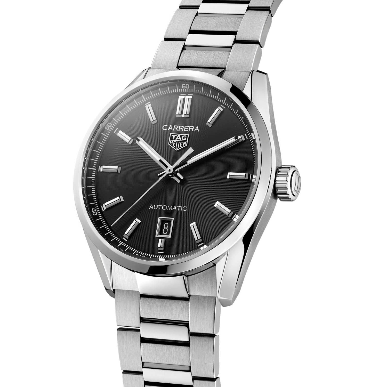 Gents Tag Heuer Carrera Automatic Calibre 5 Steel Braceelt Black Baton Dial Date 39mm