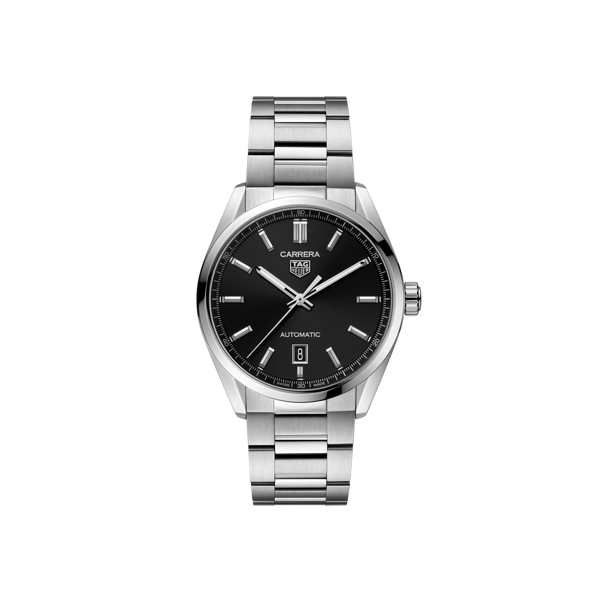 Gents Tag Heuer Carrera Automatic Calibre 5 Steel Braceelt Black Baton Dial Date 39mm