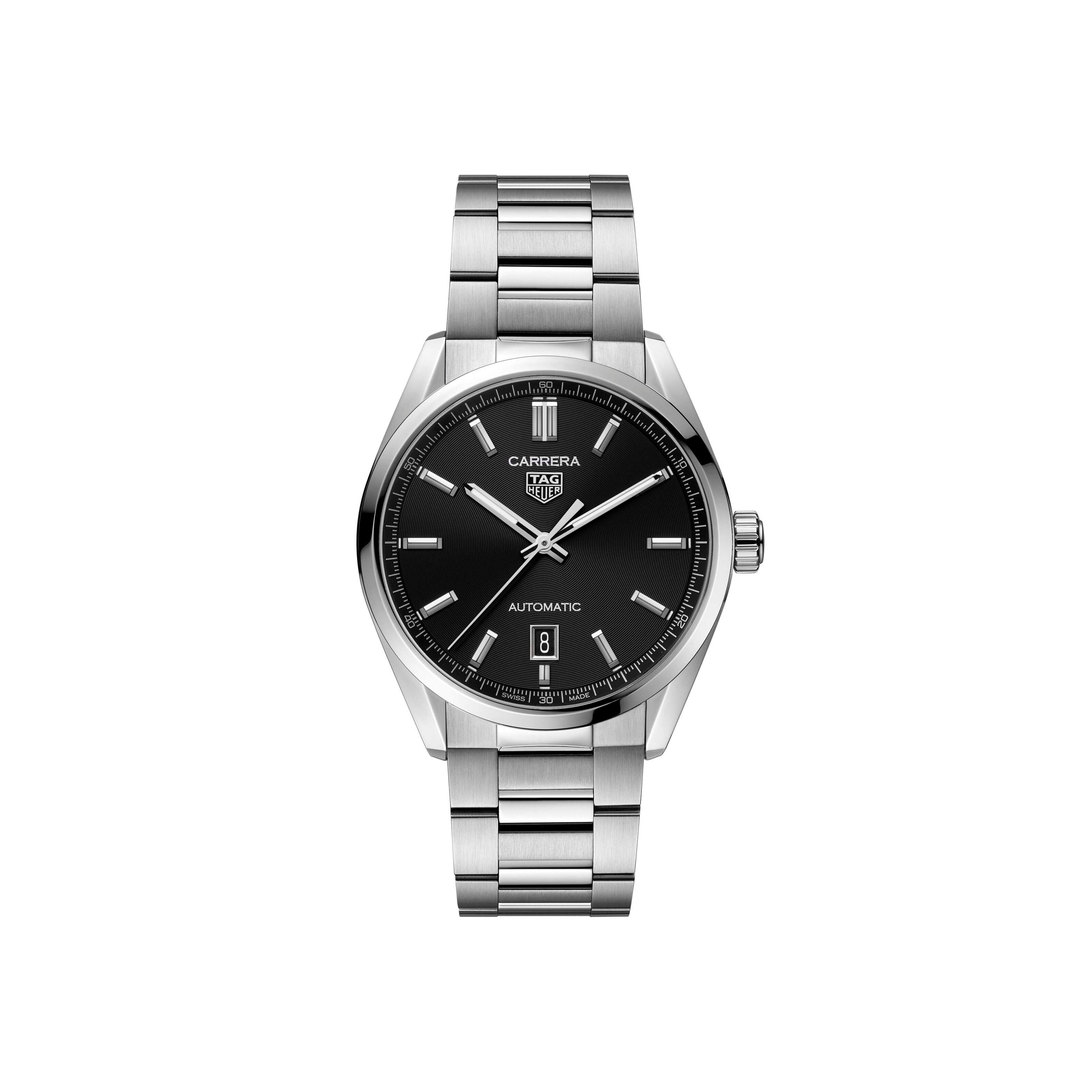 Gents Tag Heuer Carrera Automatic Calibre 5 Steel Braceelt Black Baton Dial Date 39mm