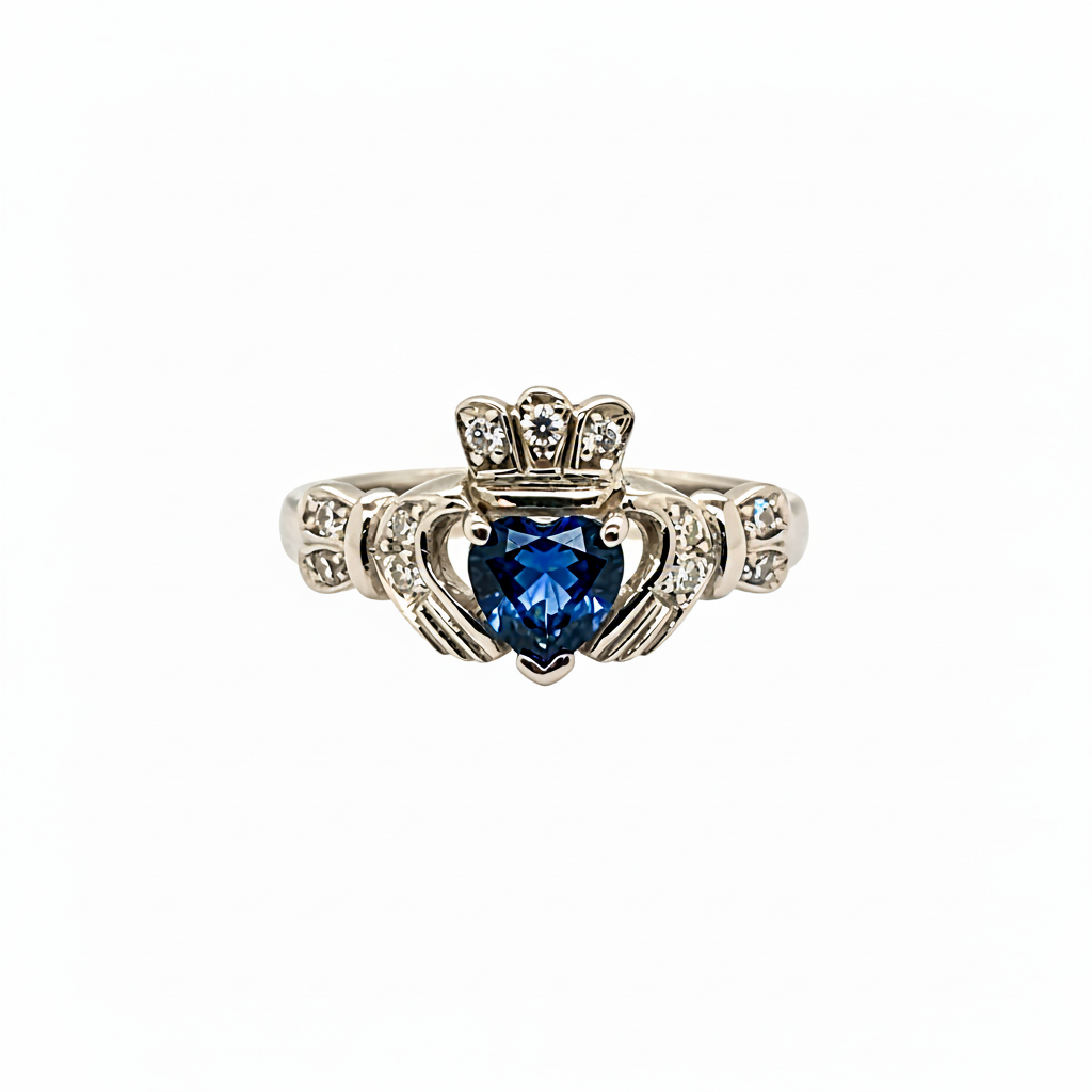 18ct White Gold Sapphire and Diamond Set Claddagh Ring