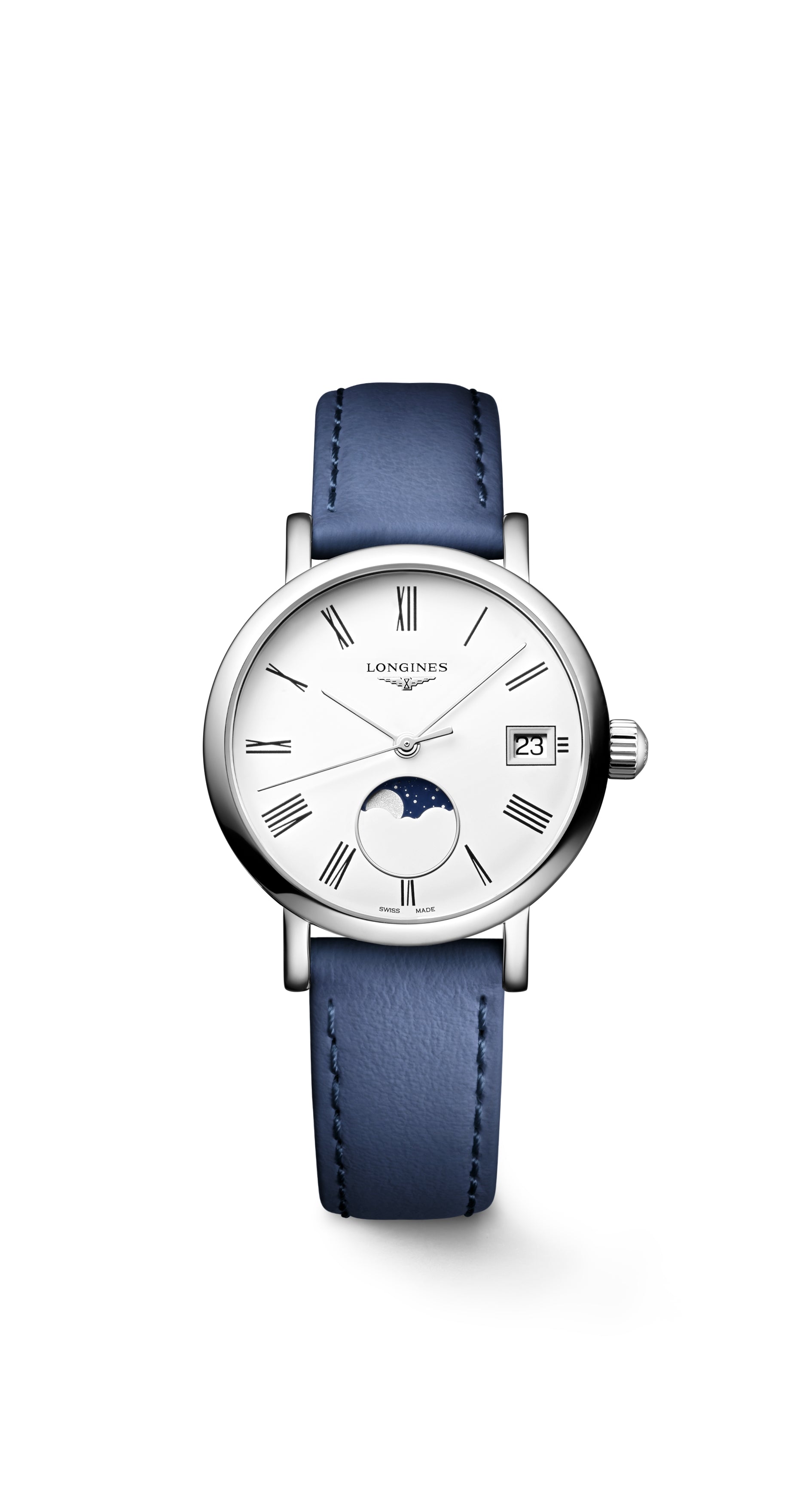 Ladies Longines 30mm Elegant Moon Phase Silver Dial Steel Blue Strap