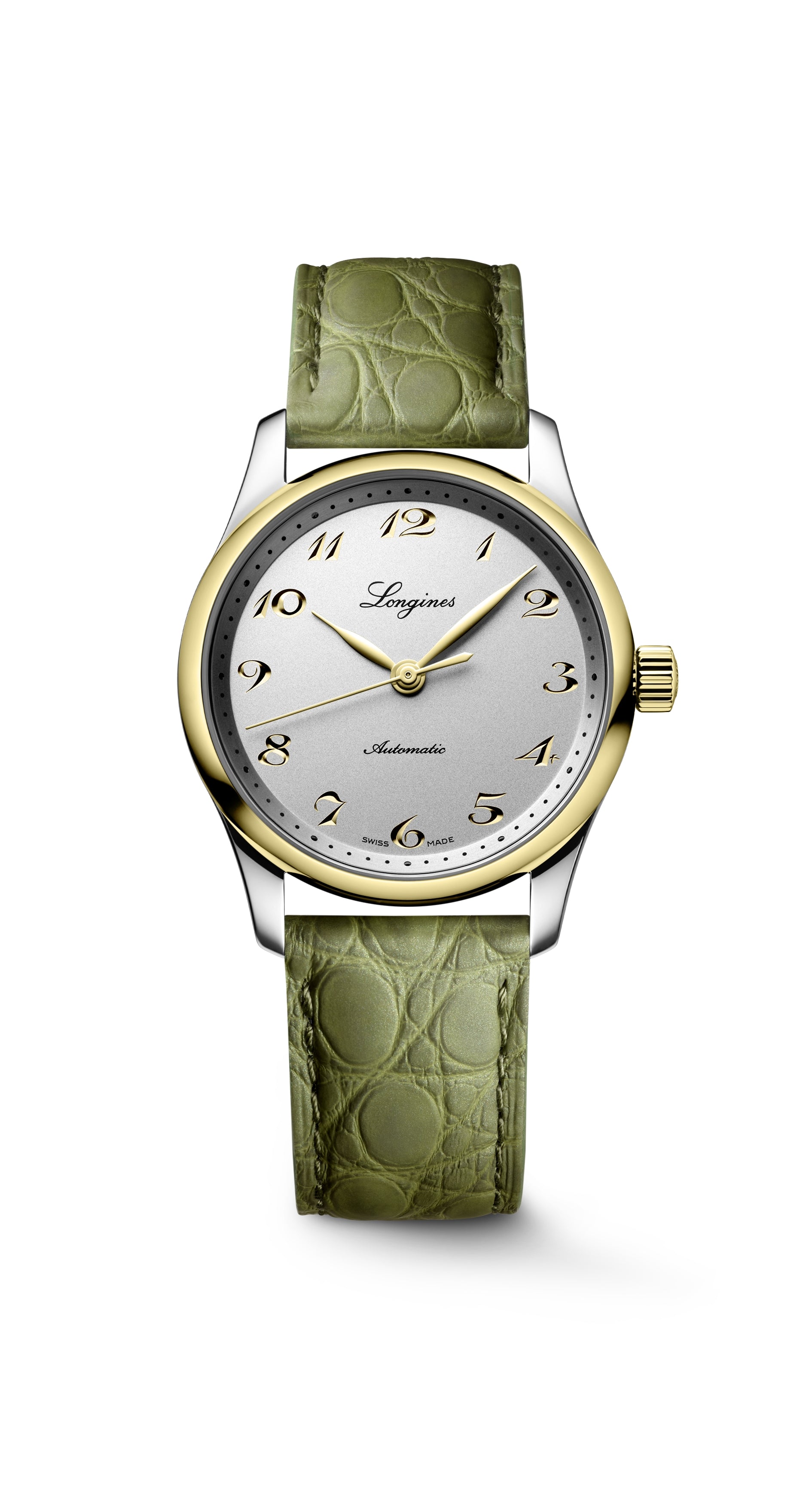 Ladies Longines Master Collection Auto 34mm Steel & 18ct YG PVD Silver Dial Green Strap
