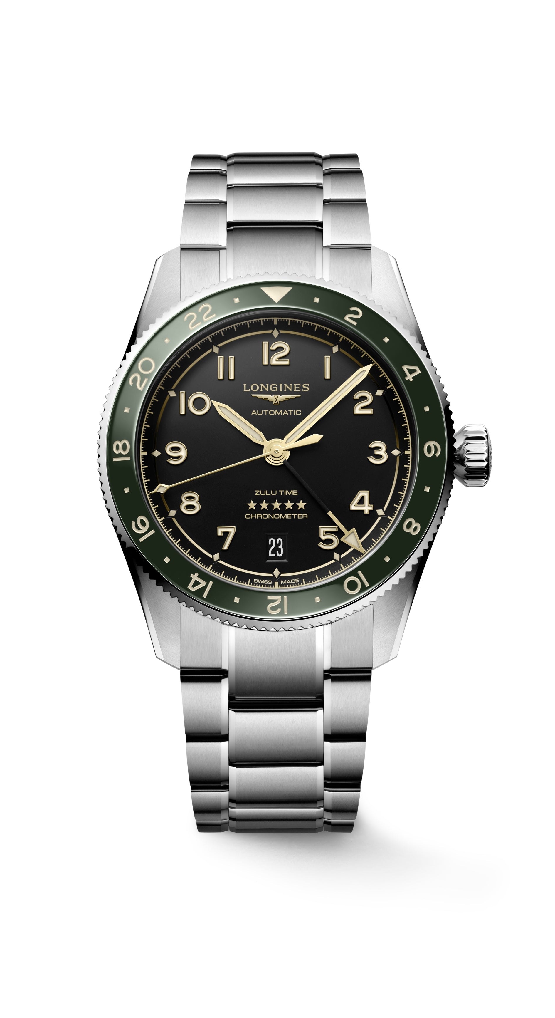 Gents Longines Spirit Zulu Time Automatic 39mm Steel Bracelet Anthracite Dial Green Bezel