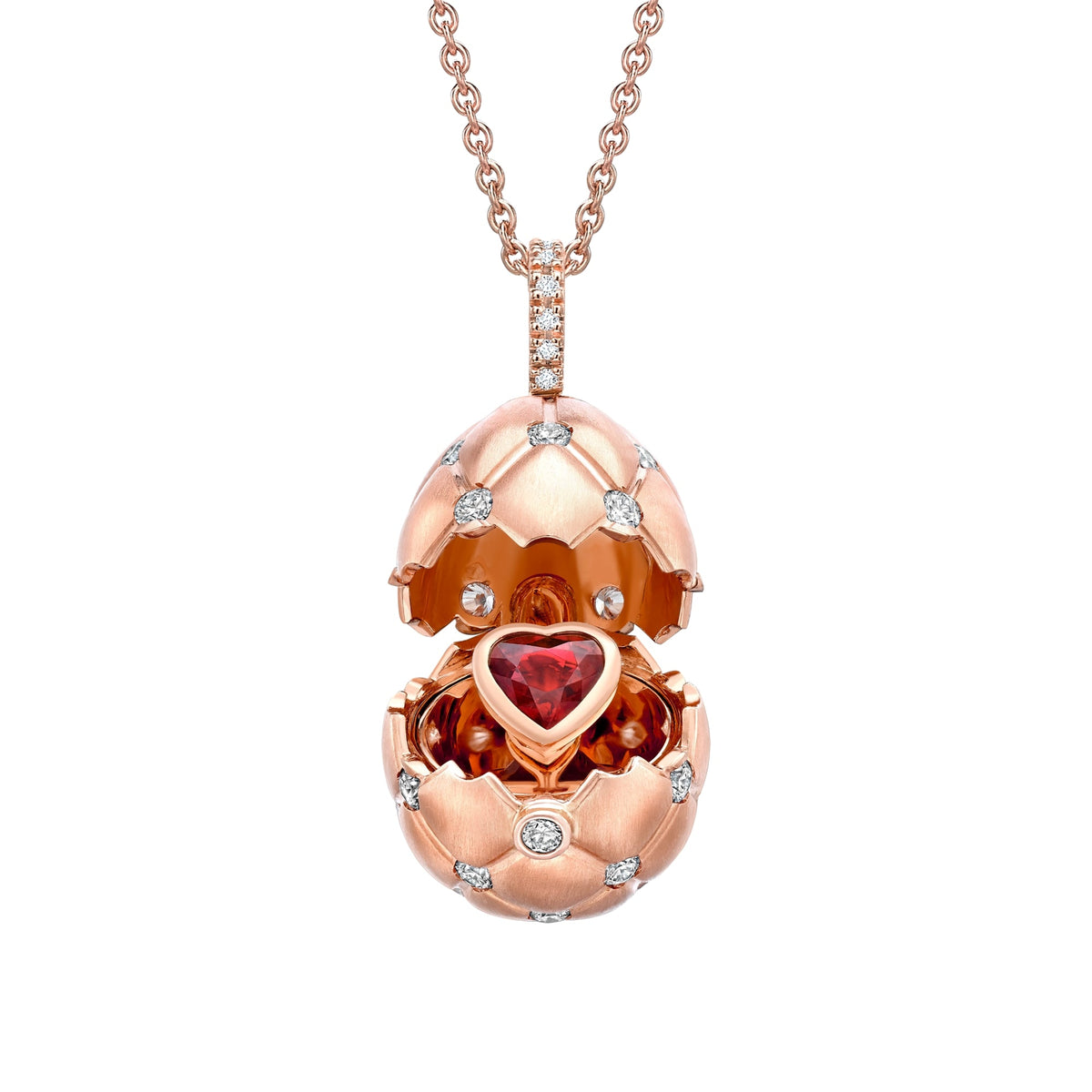 Fabergé Treillage 18ct Rose Gold Diamond Ruby Heart Surprise Egg Pendant
