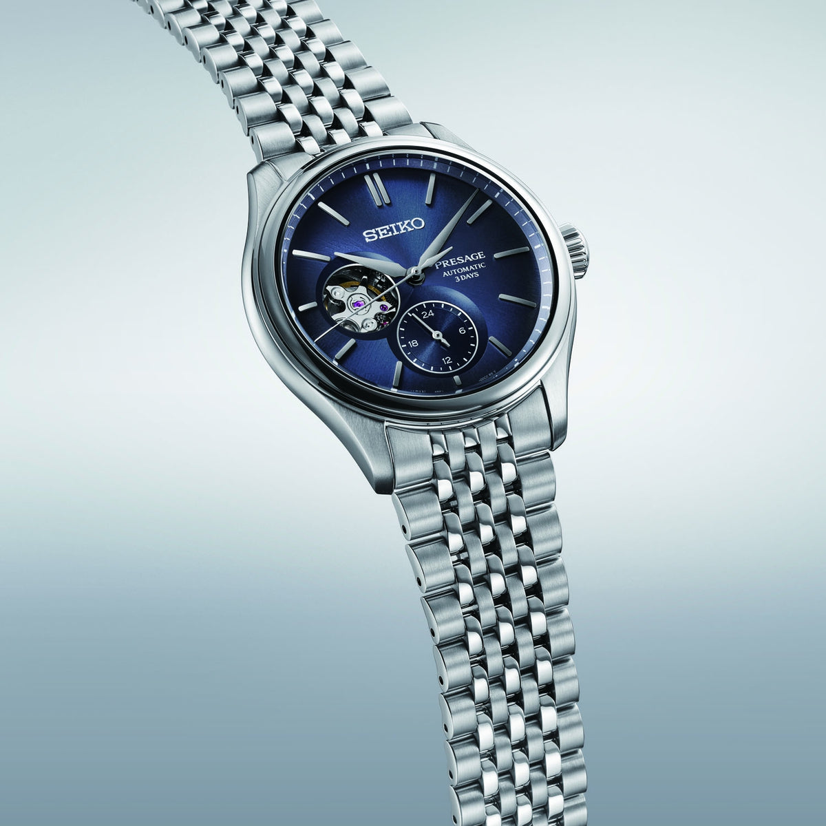 Gents Seiko Presage Auto AI-IRO Open Heart Steel Blue Dial 40.2mm SPB527J1