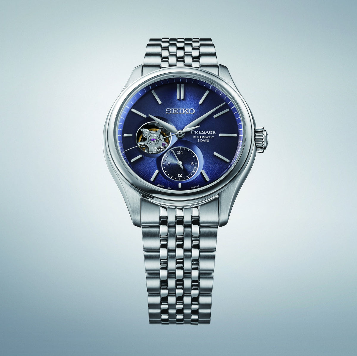 Gents Seiko Presage Auto AI-IRO Open Heart Steel Blue Dial 40.2mm SPB527J1