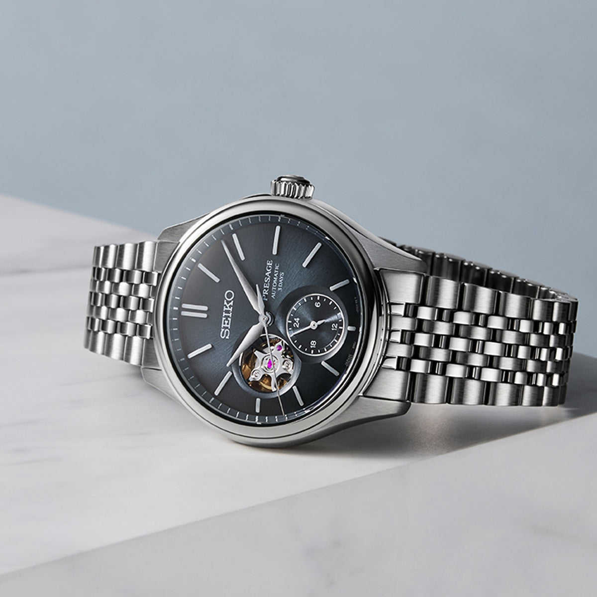 Gents Seiko Presage Auto AI-IRO Open Heart Steel Blue Dial 40.2mm SPB527J1