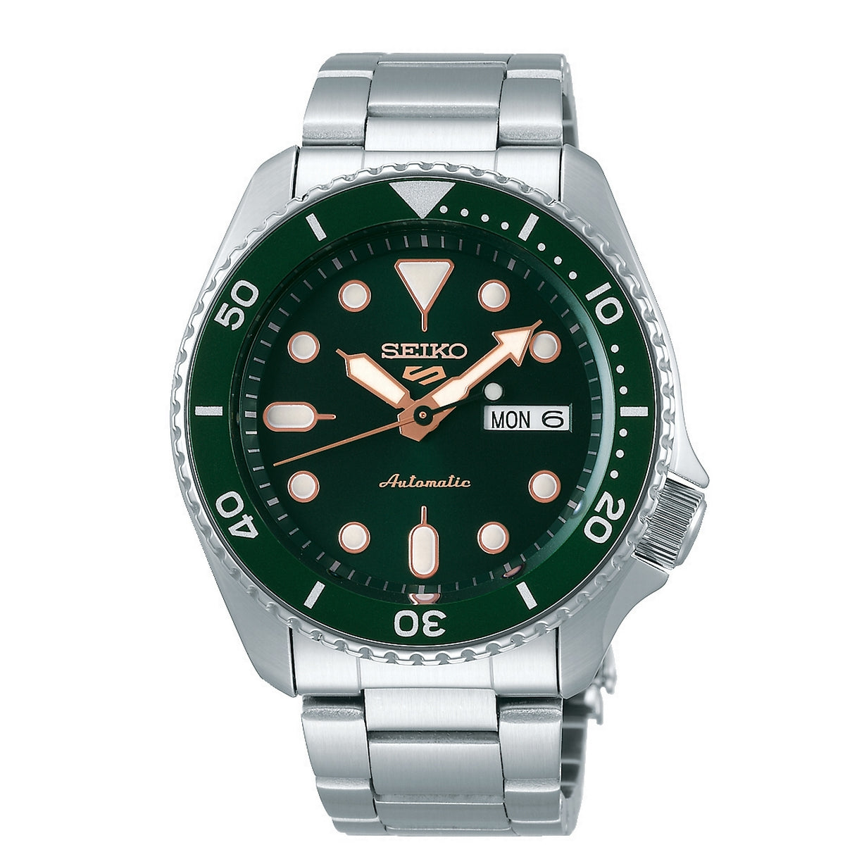 Gents Seiko 5 Auto DayDate 42.5mm Steel Green Bezel and Dial SRPD63K1