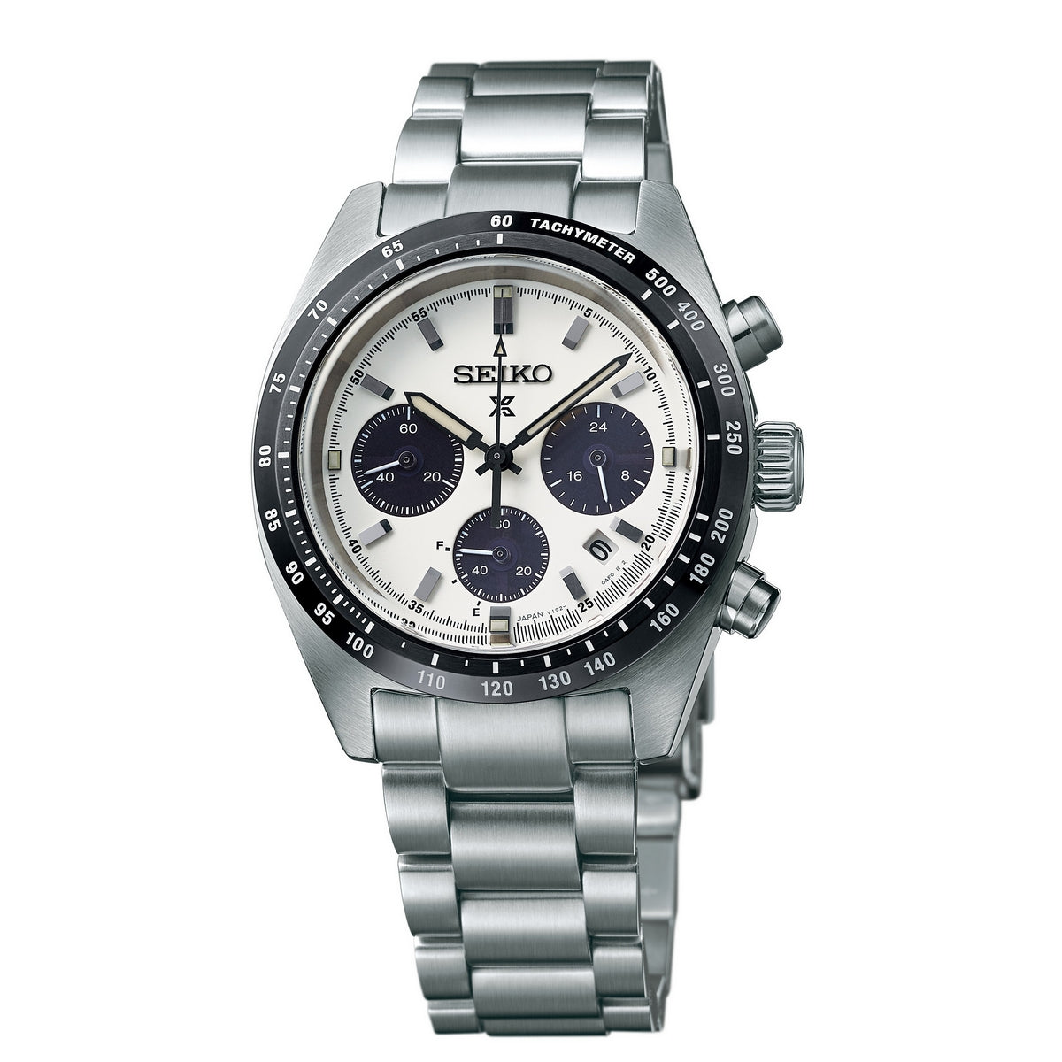 Gents Seiko Prospex Speedtimer Solar Chronograph Steel Bracelet White Dial Datec- SSC813P1