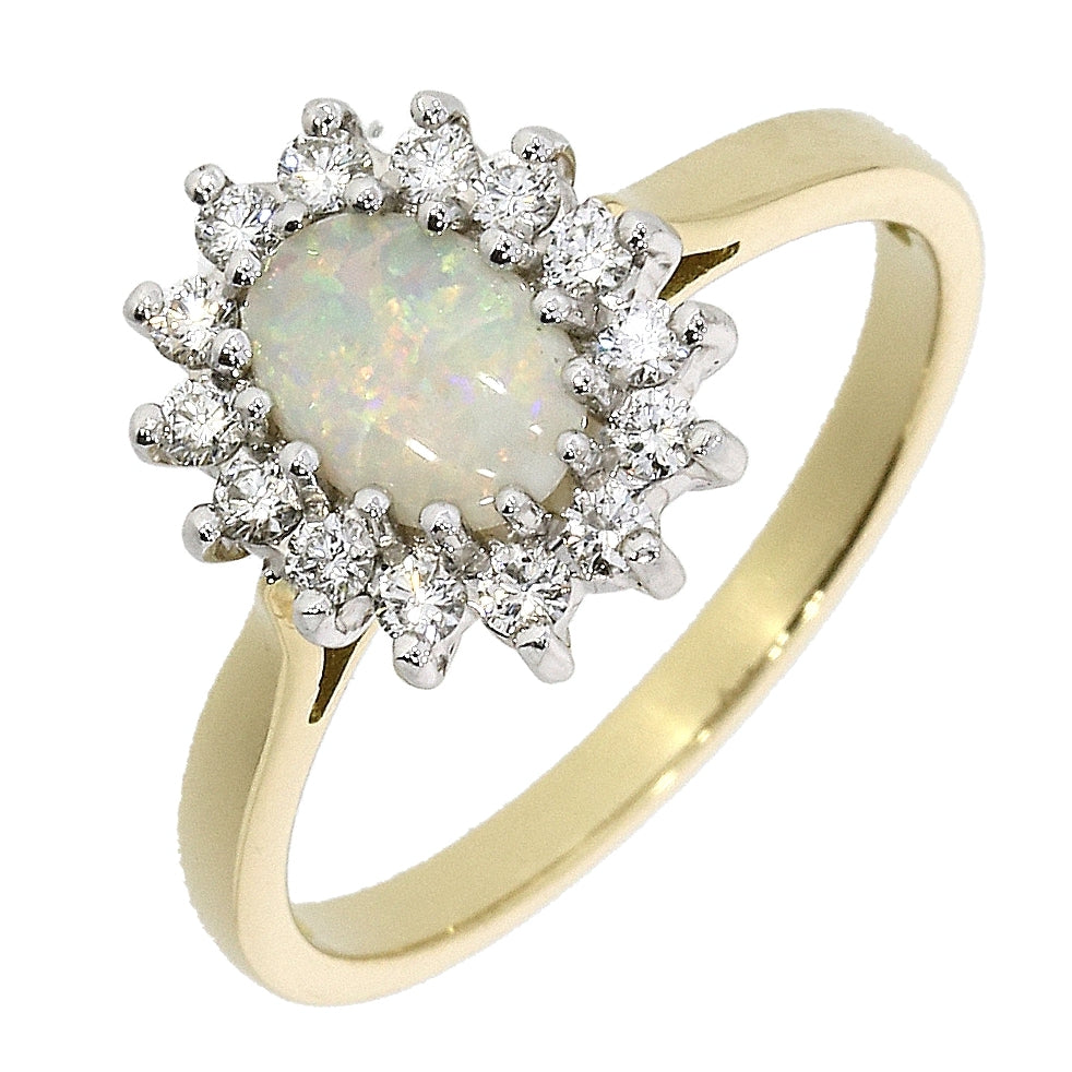 18ct Yellow Gold Oval 0.89ct Opal &amp; 0.33ct Diamond Ring