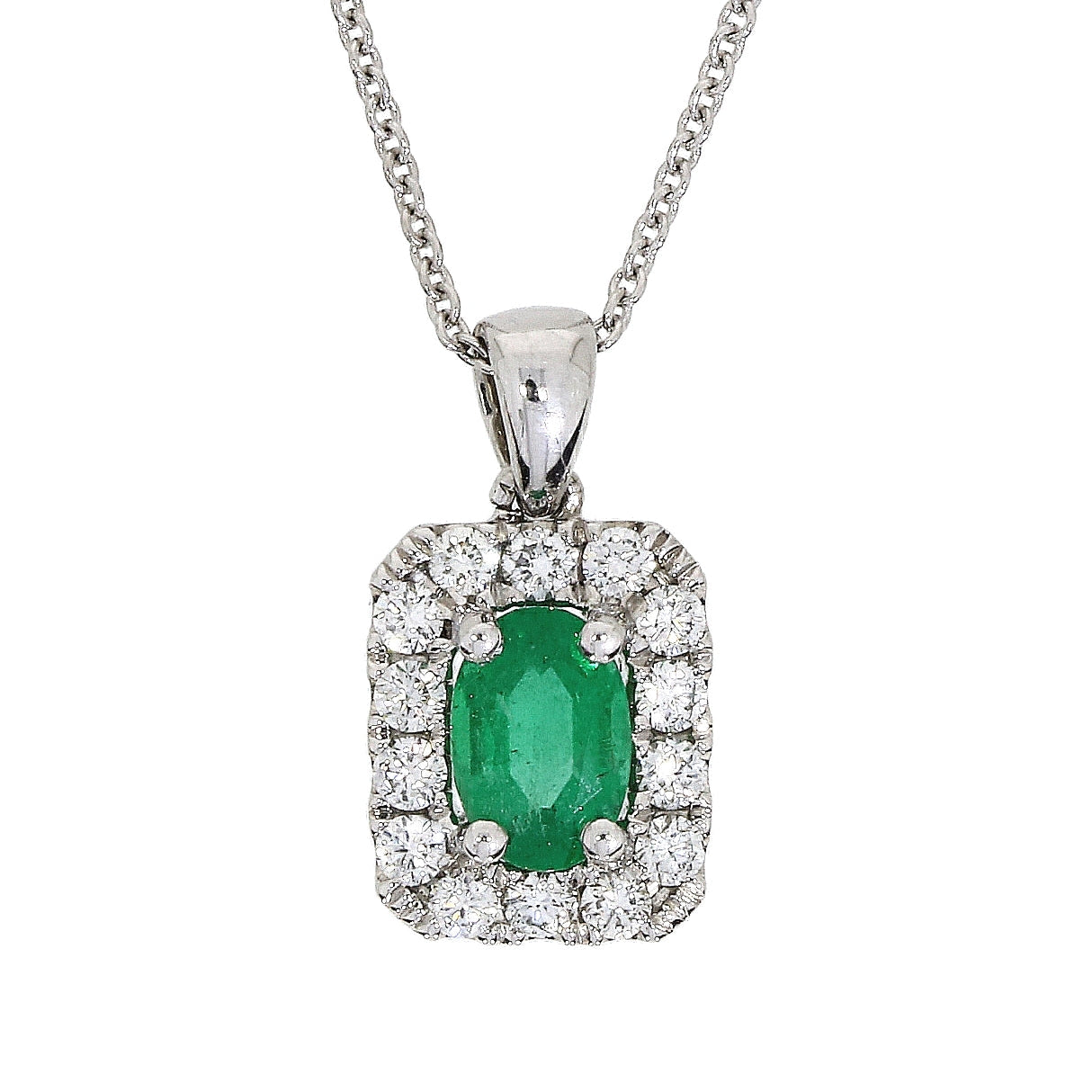 18ct WG Emerald & Diamond Cluster Pendant on chain