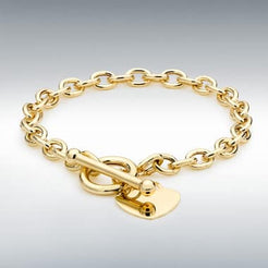 9ct Yellow Gold Oval Belcher Link Bracelet with Heart Tag and T-Bar