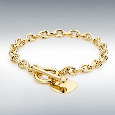 9ct Yellow Gold Oval Belcher Link Bracelet with Heart Tag and T-Bar