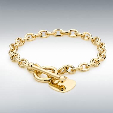 9ct Yellow Gold Oval Belcher Link Bracelet with Heart Tag and T-Bar